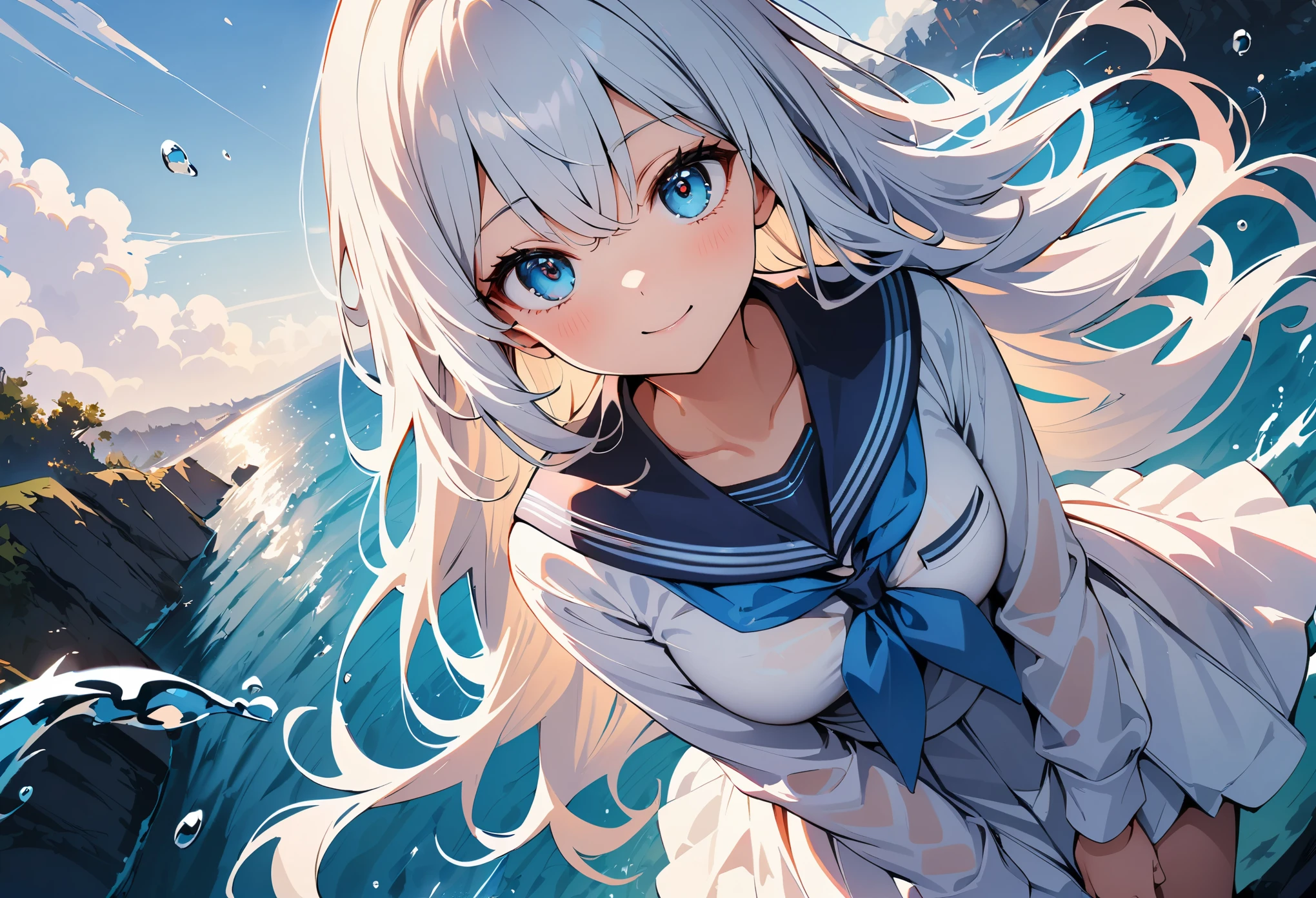 (high quality, 8k, 4k, high contrast, masterpiece:1.2, best quality, best aesthetics), (dynamic angle), Super detailed, ((fantasy:1.2, Water Splash)), water background, sailor suit, (See-through:1.3), sailor dress, white theme, looking at the viewer, Insanity, messy long hair, detailed and beautiful eyes, hair shines, elevation angle, blue sailor collar, light smile,