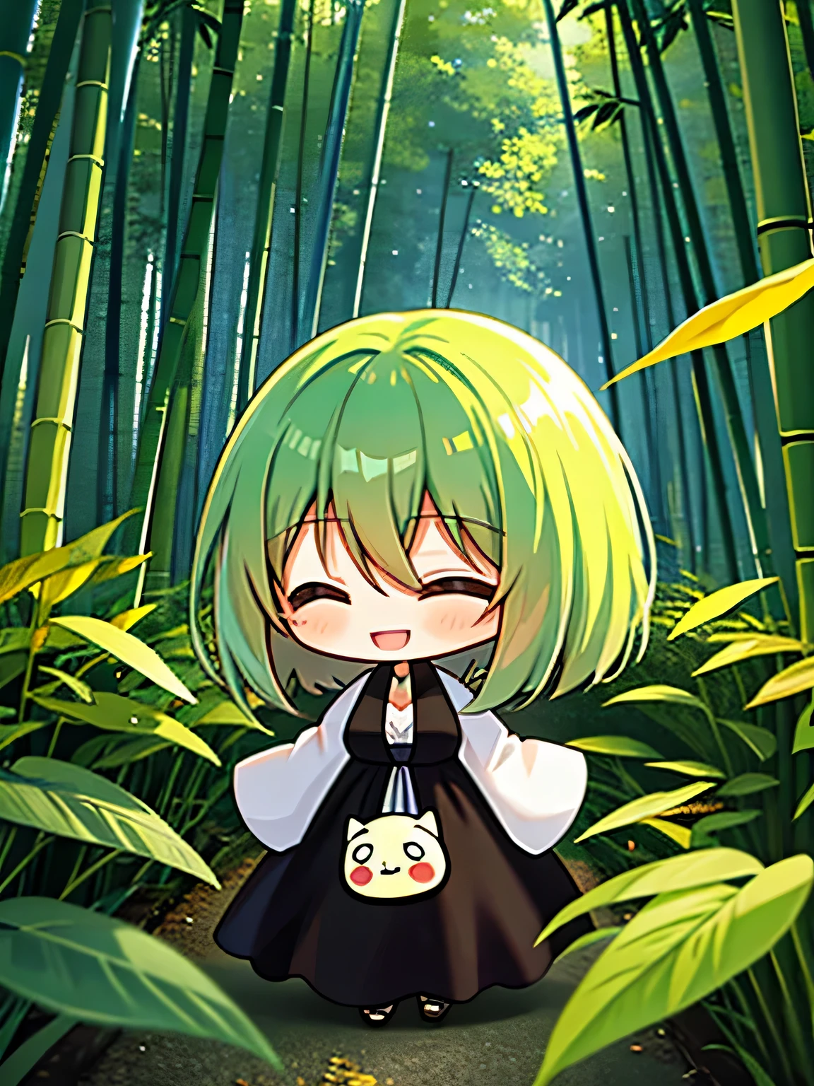highest quality, amazingly complex, pretty girl, (Chibi:1.6), round eyes, Medium chest, 
close your eyes and smile, :d, dark green hair, bent down, In the bamboo forest, 
(look away:1.2), 
medium hair, bob cut, 
(hair between eyes:1.2), 
, 
(straight hair:1.2), 
, 
, 
, 
From the side, 
portrait, 
yellow dress, 
tube dress, 
,