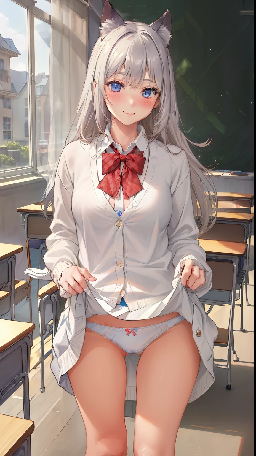 ((1 girl:1.5))、(smile:1.5)、、（cowboy shot）、(fun!!)、(white cardigan:1.5)、(dog ears)、(silver hair)、(blush:1.5)、(long hair)、(eye highlights:1.3)、blake black shoes,(黒いskirt:1.5)、bow, button, shirt with collar, long sleeve,  ((red bow tie, ,, white shirt, チェック柄のskirt:1.5、white socks)),, shirt,, skirt, socks, thighs, white shirt, Rest indoors, ((classroom:1.5))、 BREAK while watching the audience、 (perfect hands, perfect anatomy),cowboy shot、(skirtlift:1.3),(highly detailed white panties:1.3)、(highly detailed panties:1.3)、、(skirt that rolls up:1.3)、(fully exposed panties:1.5)、light blue eyes