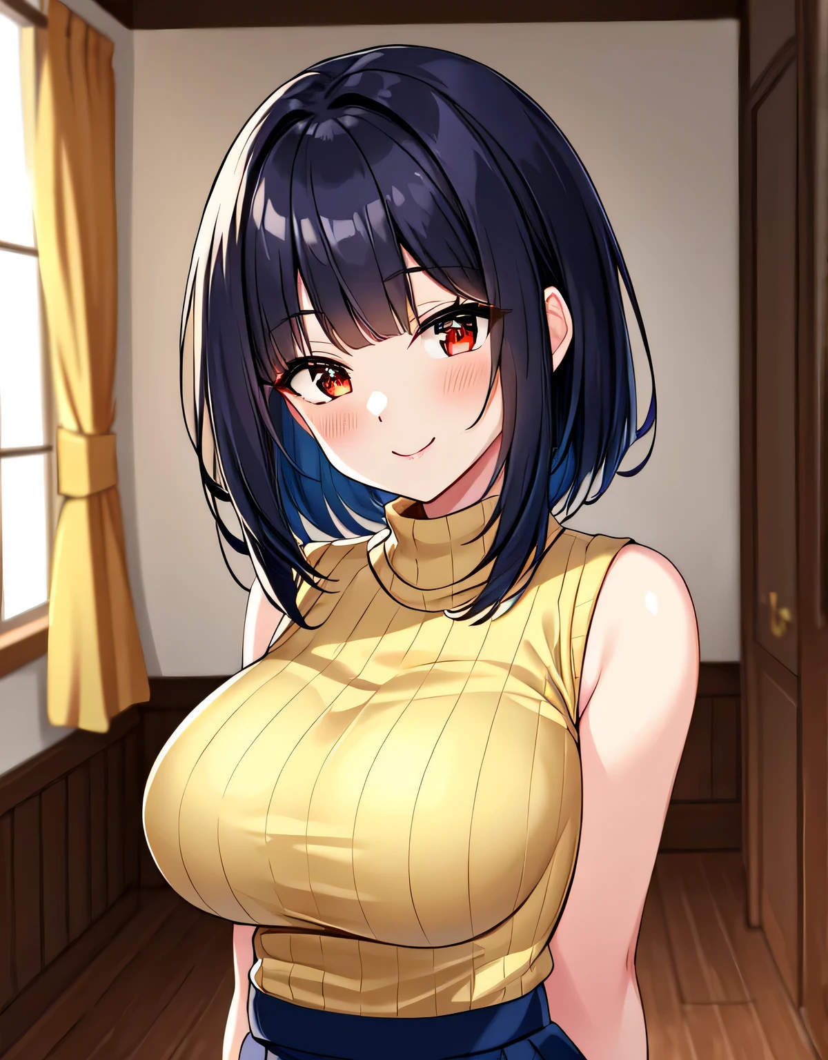 (large breasts:1.5),(shiny,hair),((solo)),((masterpiece)),((best quality)),perfect anatomy,slim waist,perfect image,8k UHD,(beautiful detailed eyes:1.5),extremely detailed face,standing,(upper body:1.3),(look at the front:1.5),arms behindback,ultra-detailed,absurdres,(dark blue hair),(red eyes),medium hair,((blunt bangs)),sleeveless,(yellow ribbed sweater:1.2),mini skirt,indoor room,smile,18 years-old,