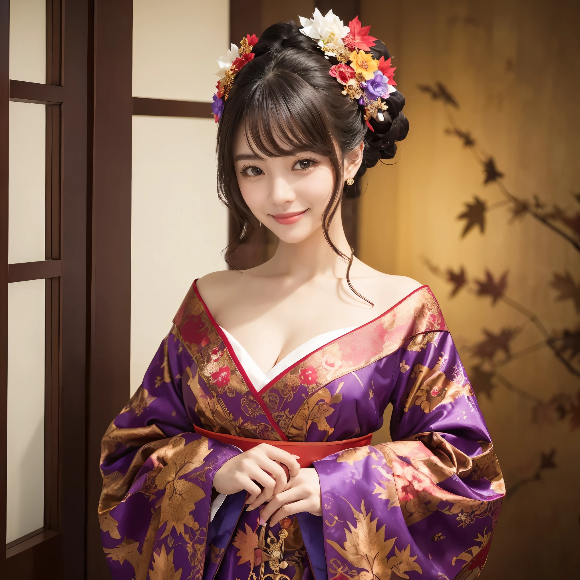 (highest quality、table top、8K、best image quality、ultra high resolution、Award-winning work)、one courtesan、(solo:1.1)、(The most gorgeous furisode of the courtesan:1.1)、(The finest, most gorgeous and vibrant floral furisode:1.1)、(The finest long-sleeved kimono with large floral patterns:1.1)、Enchanting courtesan、A sexy courtesan、Very sexy courtesan、(Long-sleeved kimono with large floral patterns:1.1)、A furisode with a slight golden decoration、(Lots of gorgeous and large hair accessories:1.1)、look at me and smile、bright lipstick、vivid eye shadow、(small cleavage:1.1)、(A V-neck furisode that exposes the shoulders:1.2)、chignon、The most gorgeous and intricate floral patterned furisode、(Bright red wall:1.1)、(Luxurious Shoji screens decorated with beautiful autumn leaves:1.1)、The most gorgeous giant hairpin、(Gorgeous paper screen decorated with red maple leaves:1.1)、(An elegant and luxurious shoji screen decorated with very elaborate maple leaves:1.1)、Moody lighting from high-end lanterns、A furisode with a very intricate and huge floral pattern、(accurate anatomy:1.1)、The most intricate and gorgeous floral pattern、ultra high resolutionの艶と潤いのある美肌、ultra high resolutionの美しい顔、ultra high resolutionの煌めく瞳、ultra high resolutionの完璧な歯、ultra high resolutionの髪の毛、ultra high resolutionの艶のある唇、(A colorful furisode with blue, purple, and pink floral patterns:1.2)、(A furisode with colorful and vibrant floral patterns:1.1)、(A huge and colorful floral kimono:1.1)、(A gorgeous and extravagant Japanese-style room:1.1)、High-quality hanging scroll、(An artistic wall with very intricate foliage decoration:1.1)、blurred background、Tyndall effect、the most moody and romantic