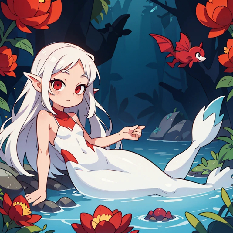 Red eyes, long white silky hair, perfect skin, beautiful face, transparent dresses, a mermaid looks at the boy next to the water  )Best illustration quality  
