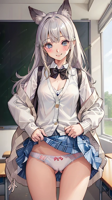 ((1 girl:1.mile:1.5)、、（cowboy shot）、(fun!!)、(white cardigan:1.5)、(dog ears)、(silver hair)、(blush:1.5)、(long hair)、(eye highlights:1.3)、blake black shoes,(黒いskirt:1.5)、bow, buttonirt with collar, long sleeve,  ((red bow tie, ,, white shirt, チェック柄のskirt:1.5、white socks)),, shirt,, skirt, socks, thighs, white shirt, Rest indoors, ((classroom:1.5))、 BREAK while watching the audience、 (perfect hands, perfect anatomy),cowboy shot、(skirtlift:1.3),(highly detailed white panties:1.hly detailed panties:1.3)、、(skt rolls up(fully exposed panties:1.5)、light blue eyes