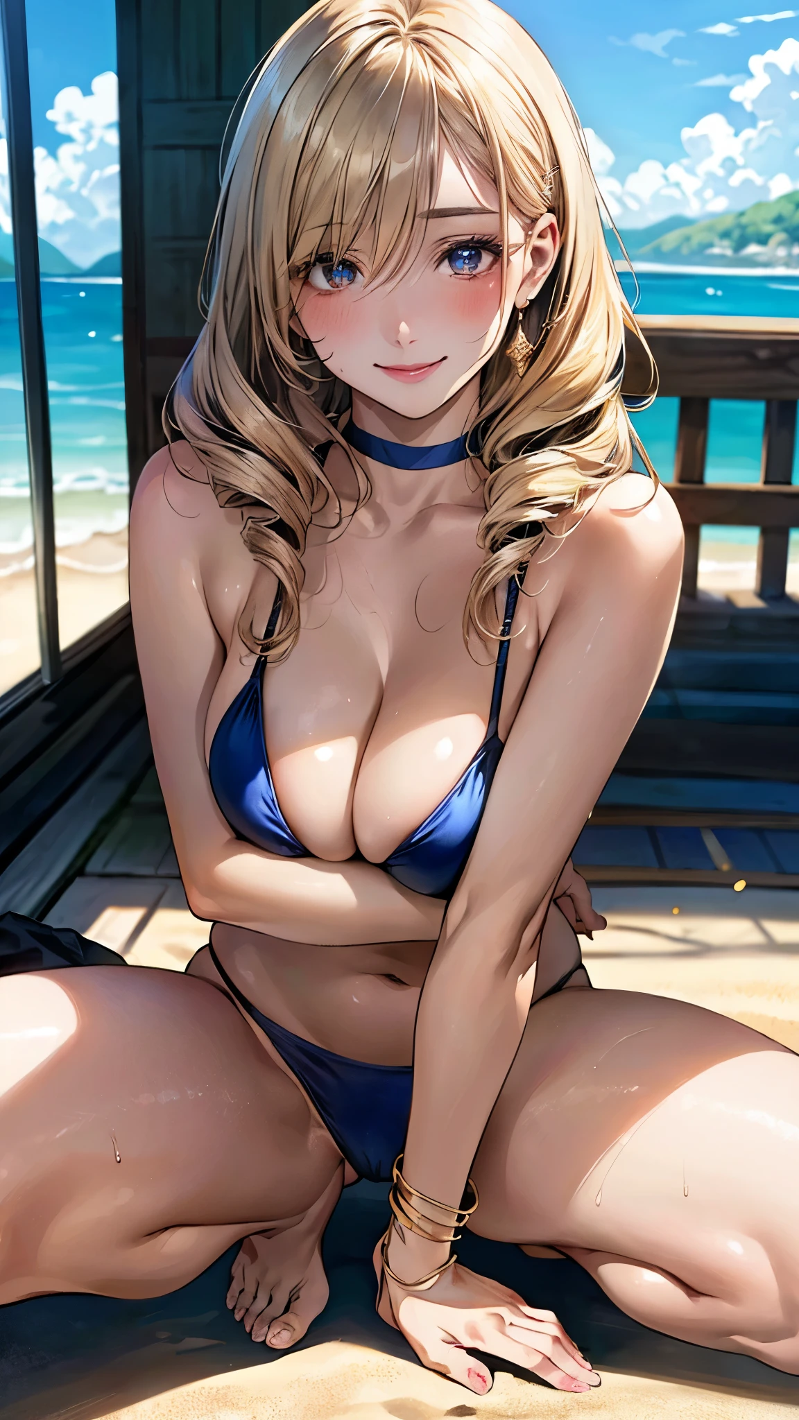 (masterpiece:1.2, top-quality), (realistic, photorealistic:1.4), beautiful illustration, (natural side lighting, movie lighting), nsfw:1.2,
looking at viewer, cowboy shot, 1 girl, japanese, gravure Idol, high school girl, perfect face, cute and symmetrical face, suntan, shiny skin, slender,
(middle hair:1.4, drill hair:1.2, (blonde hair)), hair between eye, gold eyes, long eye lasher, (large breasts:0.8, big ass, thick thighs, seductive thighs),
beautiful hair, beautiful face, beautiful detailed eyes, beautiful clavicle, beautiful body, beautiful chest, beautiful thigh, beautiful legs, beautiful fingers,
((gorgeous bikini), choker, wrist chakra),
(beautiful scenery), tropical beaches, (extremely sexy, erotic, squatting), (lovely smile, upper eyes),