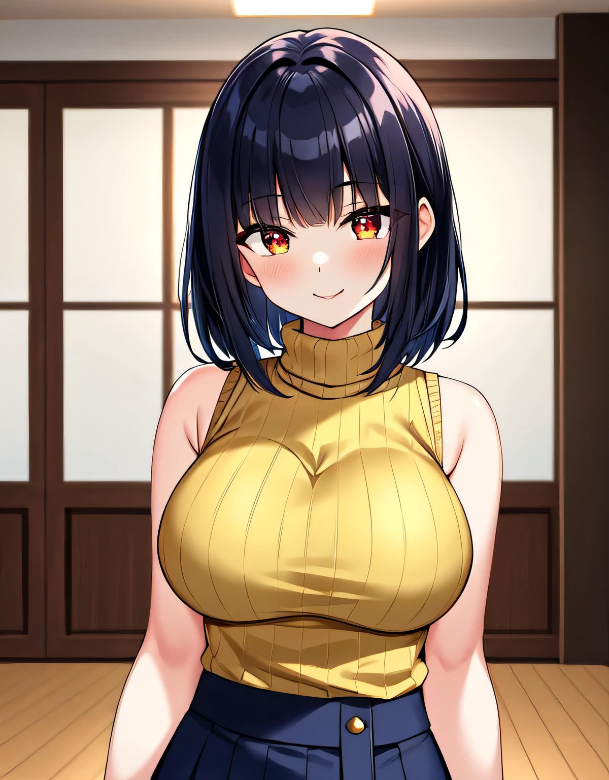 (large breasts:1.5),(shiny,hair),((solo)),((masterpiece)),((best quality)),perfect anatomy,slim waist,perfect image,8k UHD,(beautiful detailed eyes:1.5),extremely detailed face,standing,(upper body:1.3),(look at the front:1.5),arms behindback,ultra-detailed,absurdres,(dark blue hair),(red eyes),medium hair,((blunt bangs)),sleeveless,(yellow ribbed sweater:1.2),mini skirt,indoor room,smile,18 years-old,