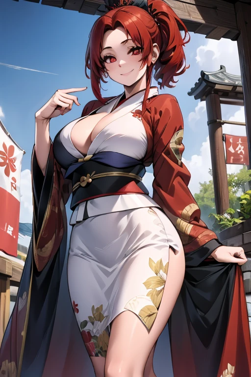 A red haired woman with red eyes with an hourglass figure in a conservative traditional kimono is leaning forward with a smile during the festival
