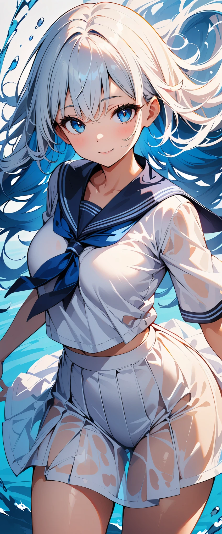 (high quality, 8k, 4k, high contrast, masterpiece:1.2, best quality, best aesthetics), (dynamic angle), Super detailed, ((fantasy:1.2, Water Splash)), water background, sailor suit, (See-through:1.3), sailor dress, white theme, looking at the viewer, Insanity, messy long hair, detailed and beautiful eyes, hair shines, elevation angle, blue sailor collar, light smile,