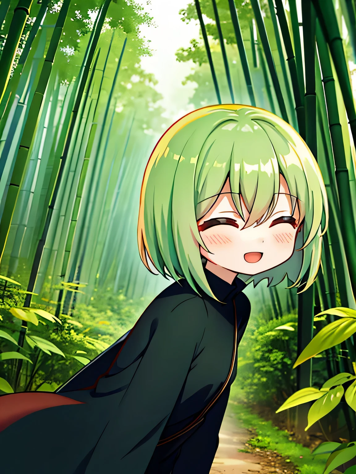 highest quality, amazingly complex, pretty girl, (Chibi:1.6), round eyes, Medium chest,
close your eyes and smile, :d, dark green hair, bent down, In the bamboo forest,
(look away:1.2),
medium hair, bob cut,
(hair between eyes:1.2),
,
(straight hair:1.2),
,
,
,
From the side,
portrait,
yellow dress,
tube dress,
,