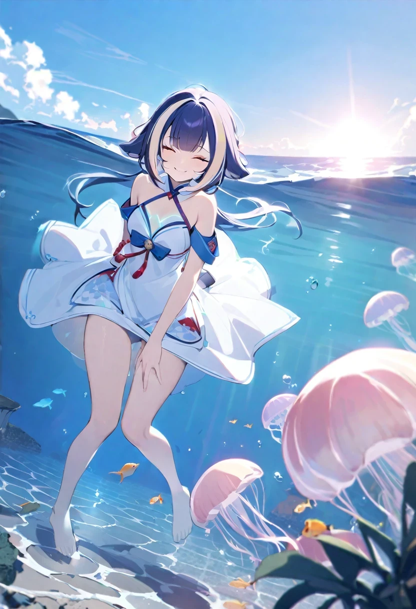 ((shylily)),(Pianfei), (best quality), Very detailed, 1 girl, perfect face, (Personal full body photo:1.3), Very detailed顔,(In the water:1.4),(white dress:1.5),ocean,Small schools of fish,Light,bubble,jellyfish,Ocean algae,red fish,yellow fish,Deep Ocean,fantasy,Ocean Bottom,float,(Ocean Bottom city:1.4),Smile:1.3