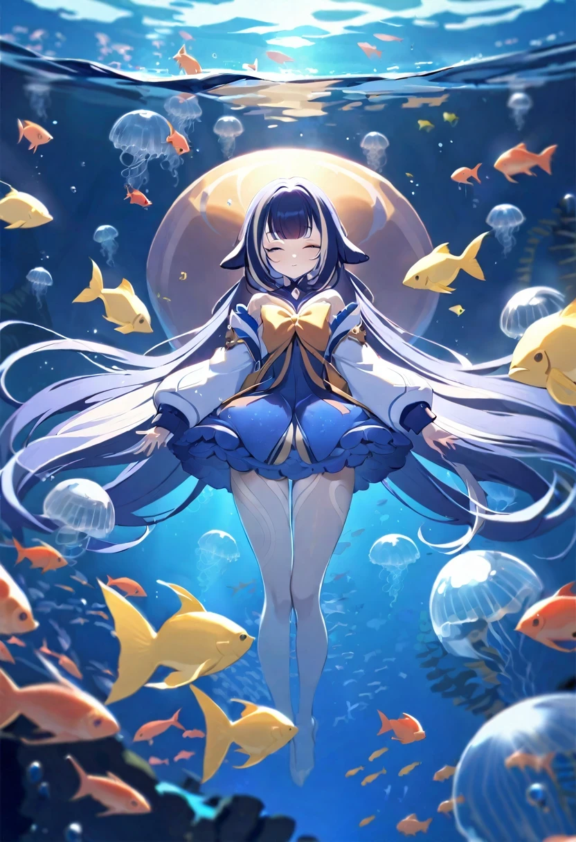 (((shylily))),(muste piece), (best quality), very detailed, 1 girl, Solo Full Body Shot, perfect face, beautiful girl, very detailed face，(in water:1.4)，(float:1.3)，sink，school of fish，Light，jellyfish，seaweed，Red fish，Yellow fish，deep sea，fantasy