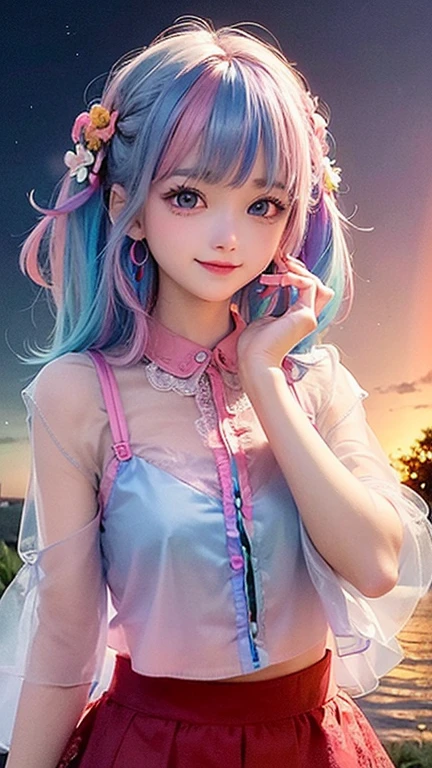 (highest quality, masterpiece), One girl, Twin tails、Pause, particle, Wind, flower, Upper Body, Simple Background, View your viewers, , Milky Way,smile、Turquoise eyes、（Silver Long Hair）、cute、Twin taililky way、Crescent Moon、、((flower柄、pink、Semi-transparent sailor suit、Her breasts are visible through her eyes.、Stylish lace mini skirt,Translucent swimsuit))、