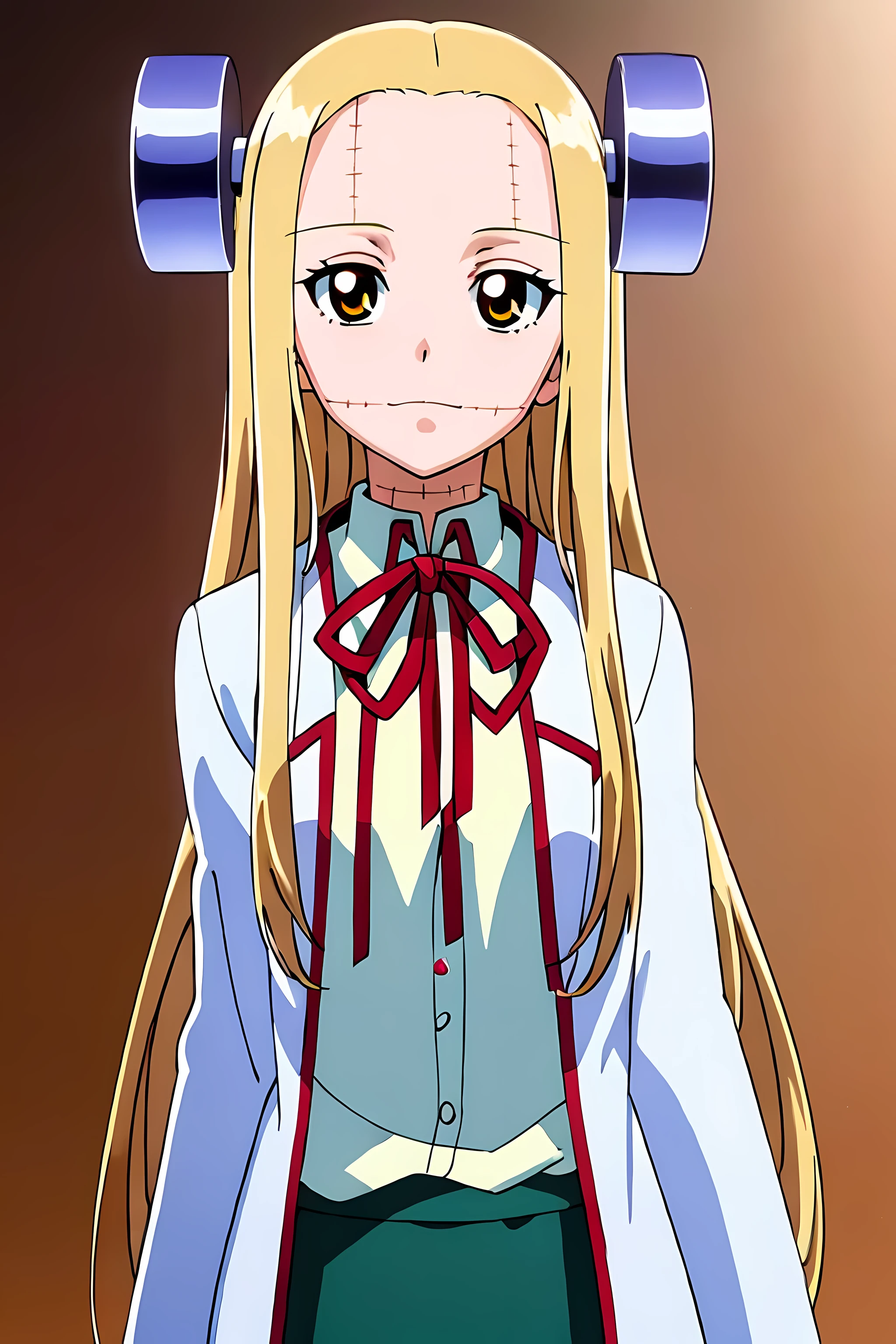 (highest quality:1.3),(ultra-become familiar with:1.5),High resolution,extremely become familiar with CG,unity 8k wallpaper,official art,become familiar with,super become familiar with skin,perfect anatomy,beautiful become familiar with eyes,(anime screenshot:1.11),very delicate and beautiful,(90s anime,90s anime style,cel shaded anime:1.17),1 girl,anmnr, 
((madaraki_fran:1.52)),Light blonde long hair,brown eyes,((((wearing a white coat)))),stitch,body scars,Creepy look,closed mouth smile,Drooping eyes,