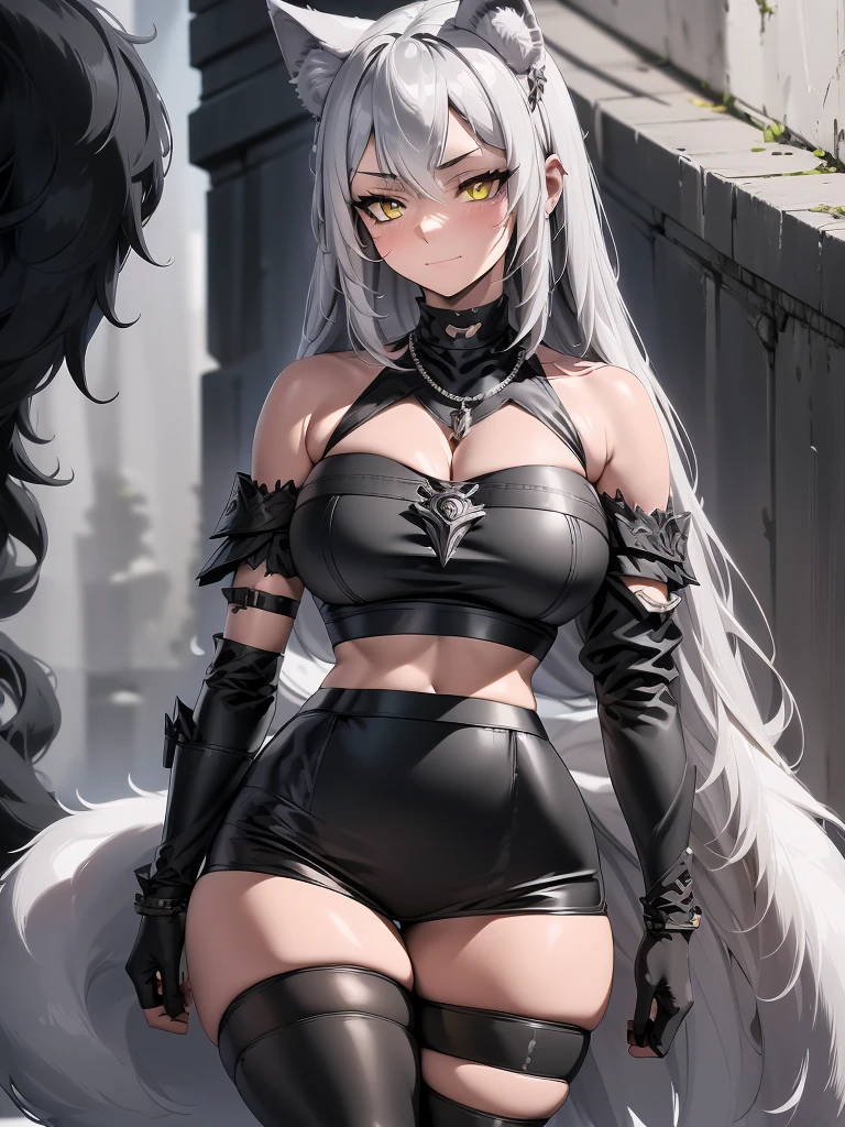 8K, Full body portrait, single young woman, especially detailed face, masterpiece, wallpaper, highlydetailed face, ultra-detailed face, beautiful and aesthetic wolf tailed girl, athletic fit body, big breasts, curvy, long hair, gray-silver hair, a young wolf woman, wolf ears, cute wolf tail, long wolf tail, silver fur tail, wolf-like irises, beautiful, enchanting, bright yellow eyes, detailed eyes, ultra-detailed eyes, accurate eyes, detailed irises, correct body proportions, elegant, small vertical scar under right eye, small rosy lips, big breasts, slender elegant arms, pretty hands, detailed hands, charming, slight blush, smug smile, black edgpshorts with stylish metal chains and a black top, detached sleeves, light black armor, armored bike shorts, two piece outfit, black armored fur cloack, black metal armor, bare off shoulders, toned abs, exposed belly, standing pose, hands on hips pose, cute pose, black thighigh on left leg, sole girl