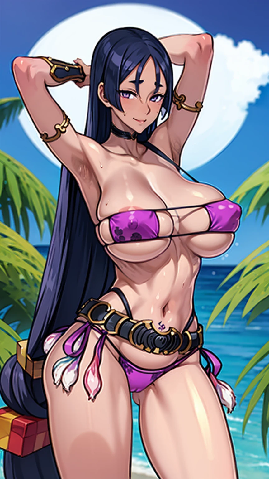 masterpiece, hmmr1, minamoto no raikou (fate), (eyepatch_bikini:1.3), purple bikini, erect_nipples, armlet, choker, collarbone, bare shoulders, ribbon, beach, cowboy shot, smirk, huge breasts, (dark-skinned female), (dark-skinned:1.8), (inner pink hair), glowing eyes, lipstick, makeup, pose, plam tree, (pink pubic_tattoo), spread legs, cleft of venus, (condom belt:1.6), (condom:1.4), (armpits), (arms behind head)