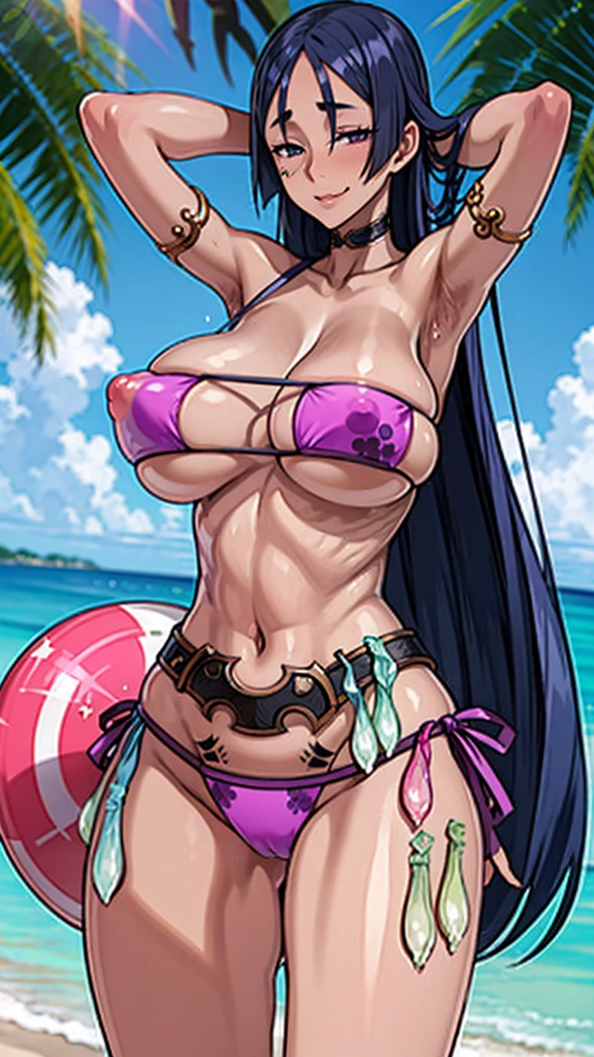 masterpiece, hmmr1, minamoto no raikou (fate), (eyepatch_bikini:1.3), purple bikini, erect_nipples, armlet, choker, collarbone, bare shoulders, ribbon, beach, cowboy shot, smirk, huge breasts, (dark-skinned female), (dark-skinned:1.8), (inner pink hair), glowing eyes, lipstick, makeup, pose, plam tree, (pink pubic_tattoo), spread legs, cleft of venus, (condom belt:1.6), (condom:1.4), (armpits), (arms behind head)