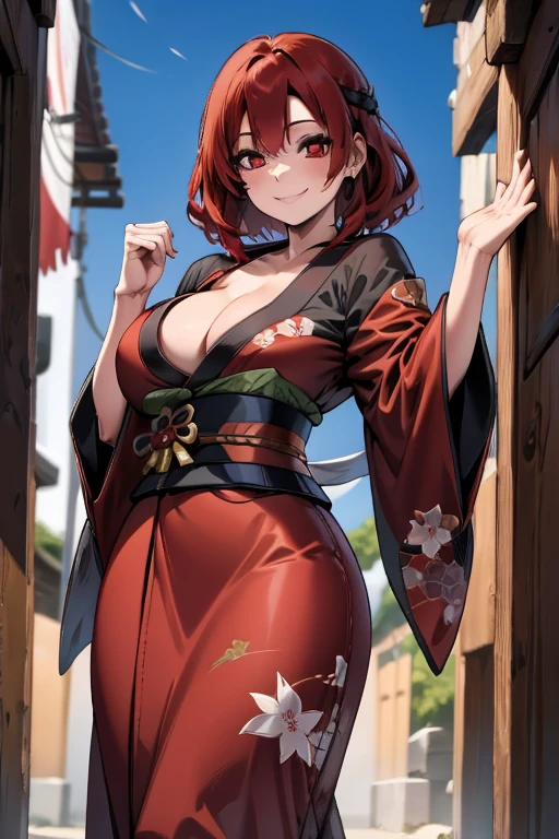 (masterpiece), (best quality), (high res), highly detailed, professional, 1woman, solo, solo focus, adult, cute and attractive woman, kunoichi, leotard, bare legs, ankle boots, red hair, dark blue eyes, right hand pointing finger, flames emerging from finger, Japanese temple backdrop, sunset, cowboy shot, full body with costume.