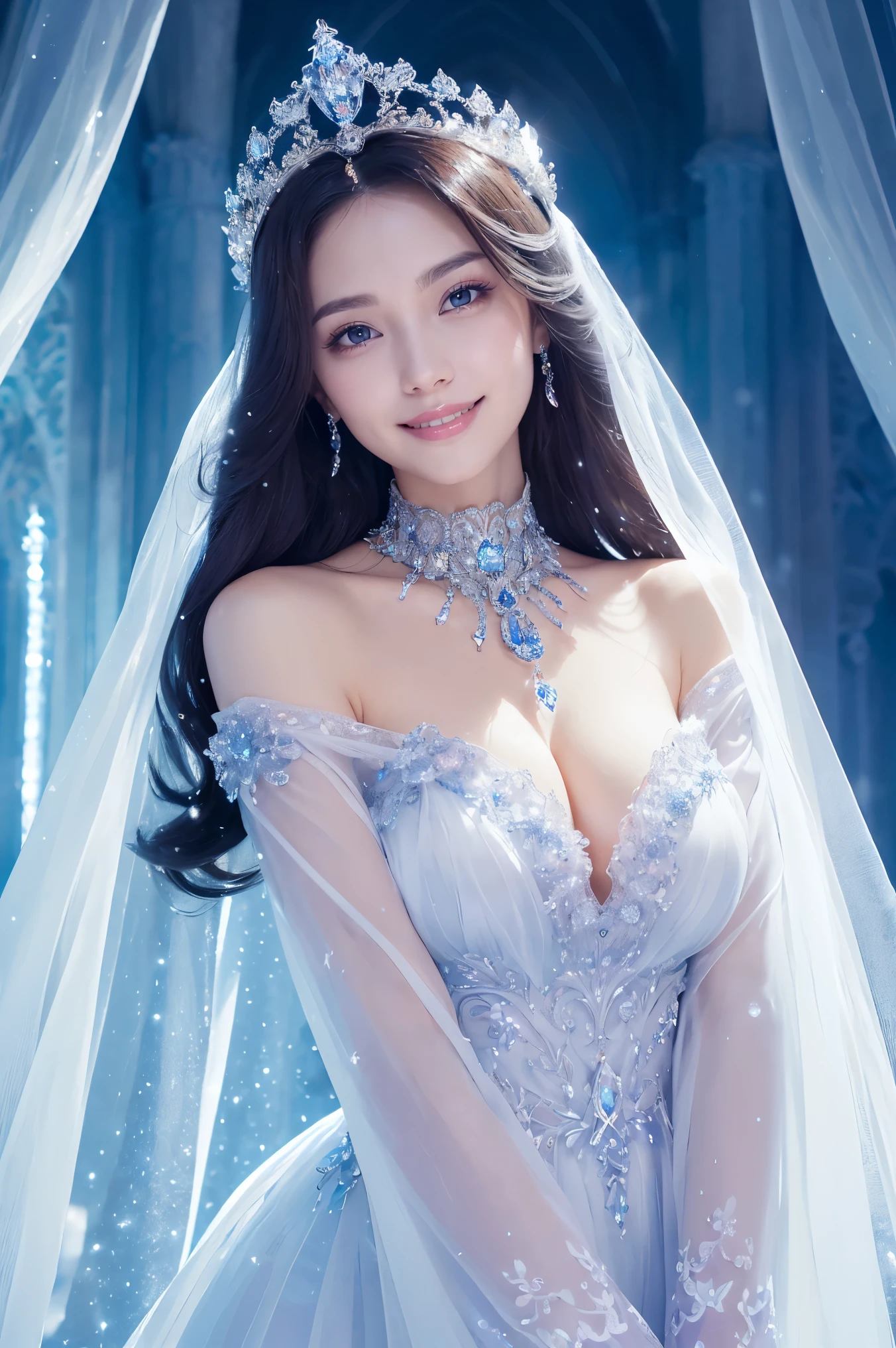 (masterpiece、highest quality、best image quality、8K、Award-winning work)、One Goddess、(the most luxurious, Sparkling, High-end giant costume:1.1)、(The most luxurious and highest quality giant tiara:1.1)、(The most luxurious and highest quality giant necklace:1.1)、(Highest grade goddess costume with beautiful purple and white gradation:1.2)、(The goddess&#39;s elaborately decorated costume shines in purple and white..:1.1)、(Highest quality goddess costume with exquisite purple and white gradation:1.1)、upper body photo、(look at me with your best smile:1.2)、big breasts、Beautiful transparent sleeves of the highest quality、(High-quality transparent sleeve with jewel decoration:1.1)、expose one&#39;s shoulders、Standing gracefully、(The most luxurious palace background made of ice:1.4)、(The most elaborate and luxurious ice palace cathedral:1.3)、(Inside the most mysterious giant palace made of ice:1.4)、(The most beautiful cathedral made of crystal clear ice:1.4)、(beautiful transparent ice:1.1)、(Mysterious fairy tale light blue fog:1.15)、The background is a detailed ice palace、beautiful ice ceiling、(Palace interior background made of intricately shining transparent ice:1.4)、(Elegant palace pillars made of ice:1.05)、the most intricate and luxurious decoration、(large amount of jewelry decoration:1.1)、最もComplex and detailed background、(It&#39;s snowing:1.1)、fine Sparkling snow、(Tyndall effect:1.1)、Subtle Sparkling snow、epic movie lighting、perfect makeup、long eyelashes、beautiful eyeshadow、(accurate anatomy:1.1)、Natural forehead、Complex and detailed background、the most delicate shine、background with depth、low contrast、Surrounded by soft light、(body facing forward:1.1)、(lower your arms:1.1)