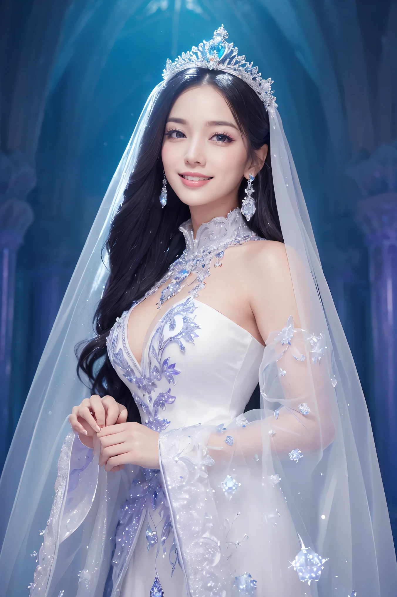 (masterpiece、highest quality、best image quality、8K、Award-winning work)、One Goddess、(the most luxurious, Sparkling, High-end giant costume:1.1)、(The most luxurious and highest quality giant tiara:1.1)、(The most luxurious and highest quality giant necklace:1.1)、(Highest grade goddess costume with beautiful purple and white gradation:1.2)、(The goddess's elaborately decorated costume shines in purple and white..:1.1)、(Highest quality goddess costume with exquisite purple and white gradation:1.1)、upper body photo、(look at me with your best smile:1.2)、big breasts、Beautiful transparent sleeves of the highest quality、(High-quality transparent sleeve with jewel decoration:1.1)、expose one's shoulders、Standing gracefully、(The most luxurious palace background made of ice:1.4)、(The most elaborate and luxurious ice palace cathedral:1.3)、(Inside the most mysterious giant palace made of ice:1.4)、(The most beautiful cathedral made of crystal clear ice:1.4)、(beautiful transparent ice:1.1)、(Mysterious fairy tale light blue fog:1.15)、The background is a detailed ice palace、beautiful ice ceiling、(Palace interior background made of intricately shining transparent ice:1.4)、(Elegant palace pillars made of ice:1.05)、the most intricate and luxurious decoration、(large amount of jewelry decoration:1.1)、最もComplex and detailed background、(It's snowing:1.1)、fine Sparkling snow、(Tyndall effect:1.1)、Subtle Sparkling snow、epic movie lighting、perfect makeup、long eyelashes、beautiful eyeshadow、(accurate anatomy:1.1)、Natural forehead、Complex and detailed background、the most delicate shine、background with depth、low contrast、Surrounded by soft light、(body facing forward:1.1)、(lower your arms:1.1)