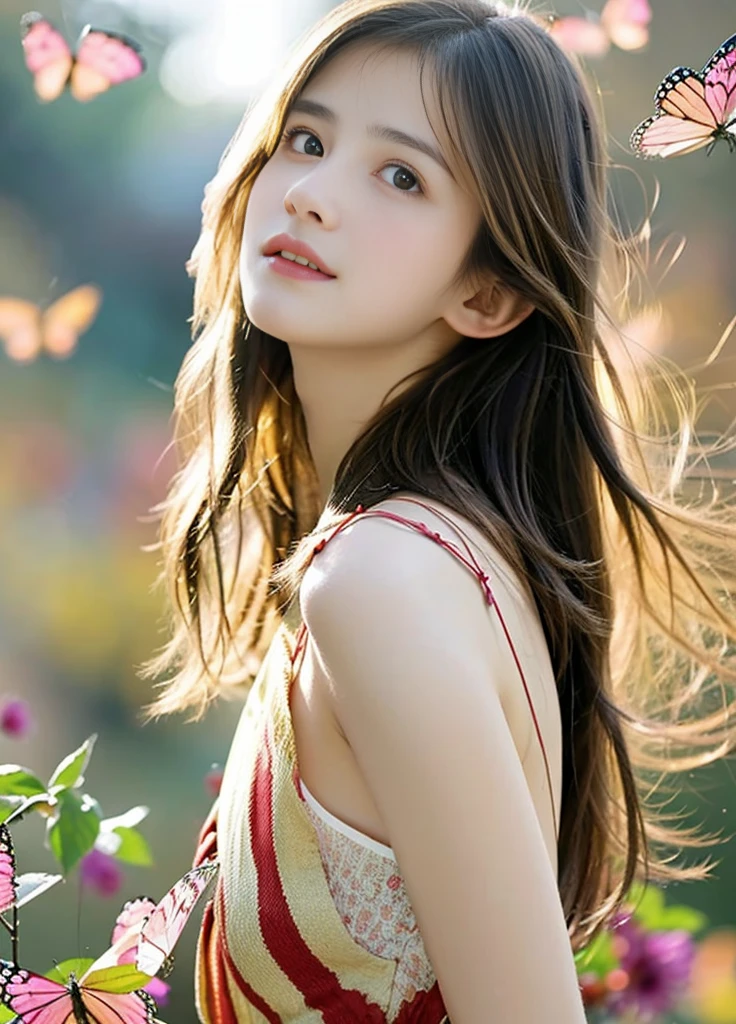 14 year old beautiful girl、Highest image quality、realistic、16K、beautiful woman、long hair、chaos, elegant, Bright colors,, in the atmosphere, girl, elegant, butterfly, blooming flowers, moving, dramatic, whole body, organic composition、Very fantastical、A look asking for a kiss