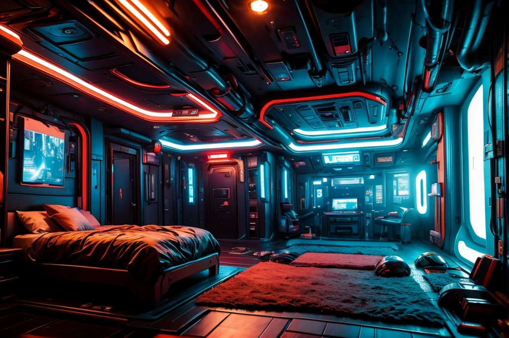 A room with a view of a sci-fi high room, with several ships outside. Inspirado em Cyberpunk 2077 e BladeRunner 2049.