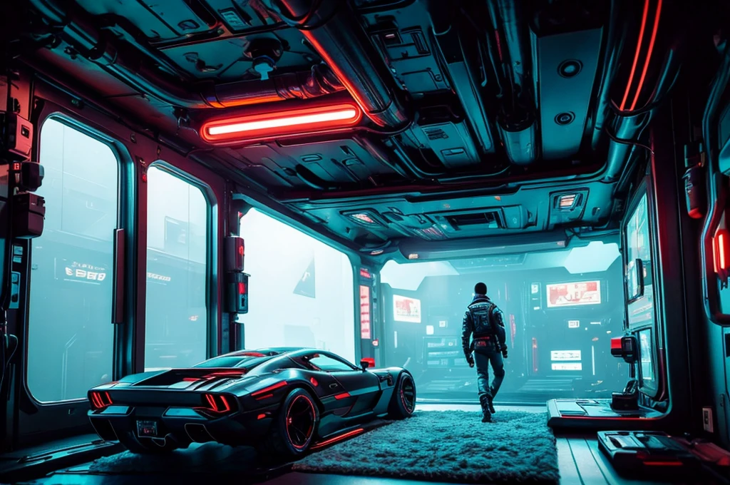A room with a view of a sci-fi high room, with several ships outside. Inspirado em Cyberpunk 2077 e BladeRunner 2049.