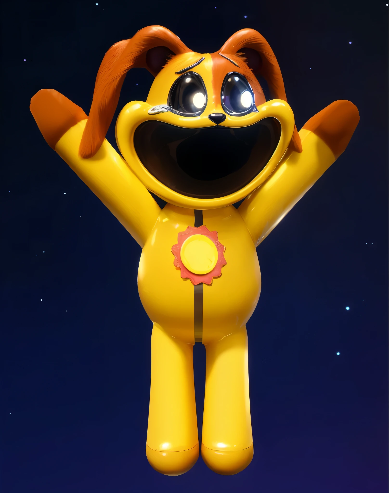 A 3D toy dog character with a wide smile, open mouth, and tears coming out. It has a red mane, a sun on its belly, and a starry background., toy dog, orange metal ears, made of plastic, the dog is screaming and sad, orange and yellow , orange , 3d character portrait, purple metal ears, cosplay photo, glossy texture, smooth 3d model, multiple light sources, rim light, sharp post effects render, (glossy plastic texture with multiple big light probe refractions), perfect cgi, smooth silhouette, high intensity refraction, (super glossy material), most beautiful vfx, blue background, plastic refractions, realistic, 4k, high resolution, rim light, photo shoot, commercial photo, profile shot, 4k, rim light, high resolution, 4k, glossy texture, smooth 3d model, multiple light sources, rim light, sharp post effects render, (glossy metallic texture with multiple big light probe refractions), perfect cgi, cgi art created only with gradients, smooth silhouette, high intensity refraction, (super glossy chrome material), most beautiful vfx, blue background, chrome metal refractions, multiple light sources, rim light, sharp post effects render, perfect cgi, digital art, detailed digital art, reflective, best quality, 4k, masterpiece:1.2, ultra-detailed, realistic, vivid colors, dark and moody lighting, The image of the highest quality, ensuring every detail showcased perfectly. It in 4k resolution, allowing viewers to immerse themselves in the richness of the colors and intricate details. The realistic rendering. under the spotlight, reflecting, high-resolution image, realistic rendering, dark background, and rim light photorealistic