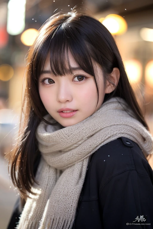 (no makeup, close your eyes, close your mouth:1.2), realistic, Photoreal, Super detailed, best detailed skin, highest quality, masterpiece, ultra high resolution, cute japanese woman, 25 years old, 1 girl, have bangs, double eyelid, drooling eyes, Japanese style face, purity, double teeth, realistic skin type, thick muffler, Gray muffler, fluffy hair、(There's hair in the scarf:1.3)、red cheeks, The wind is blowing, that's snowing, night, illumination, light comes from behind, close your eyes, smile, sexy