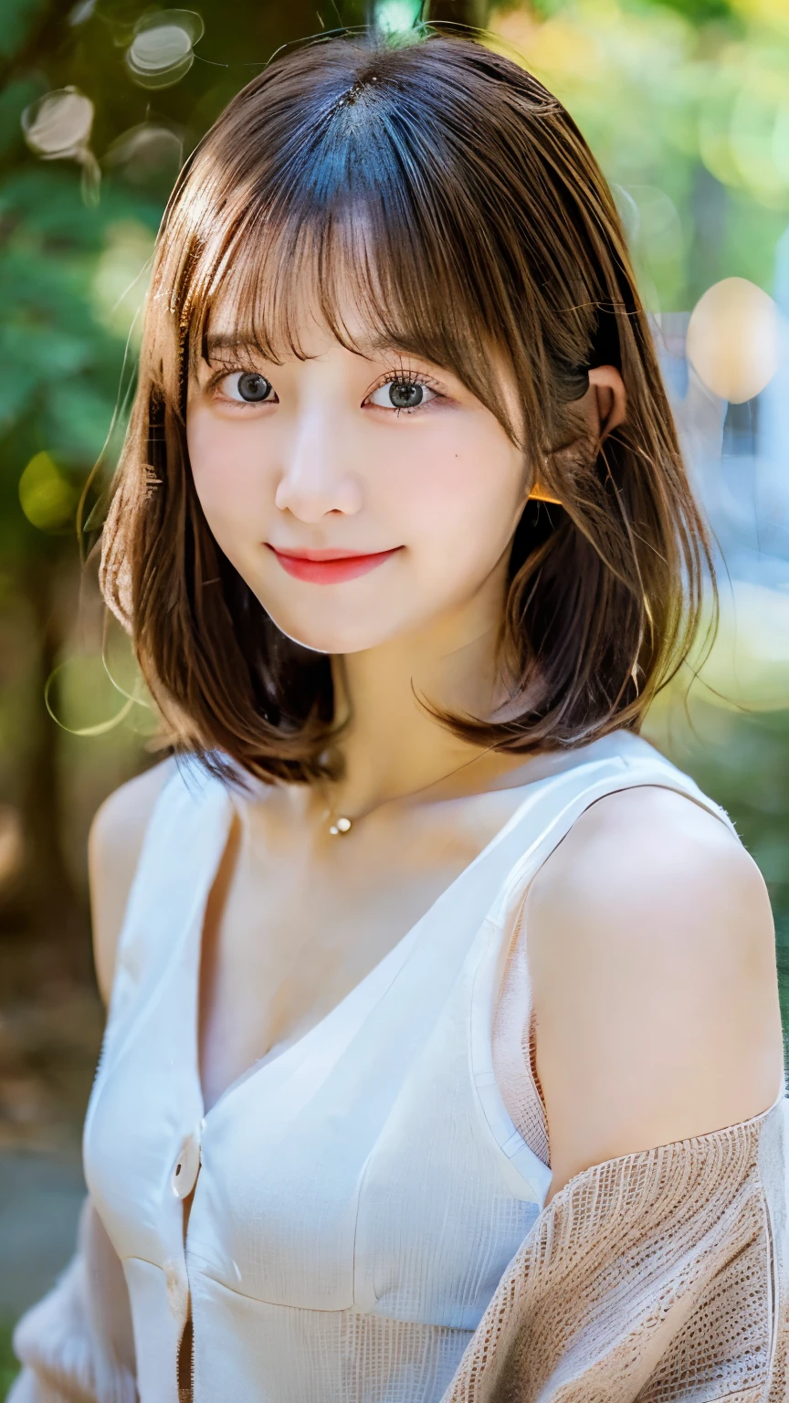 (masterpiece:1.3), (8K, Photoreal, Raw photo, best image quality: 1.4), Japanese high school girl、(random hairstyle:1.2)、cleavage:1.4、super detail face、pay attention to details、double eyelid、sharp focus:1.2、Beautiful woman:1.4、light brown hair、highest quality、masterpiece、ultra high resolution、(Photoreal:1.4)、half smile、thin、short hair、bell sleeve sweater、NSFW, (chest squeeze:1.3)