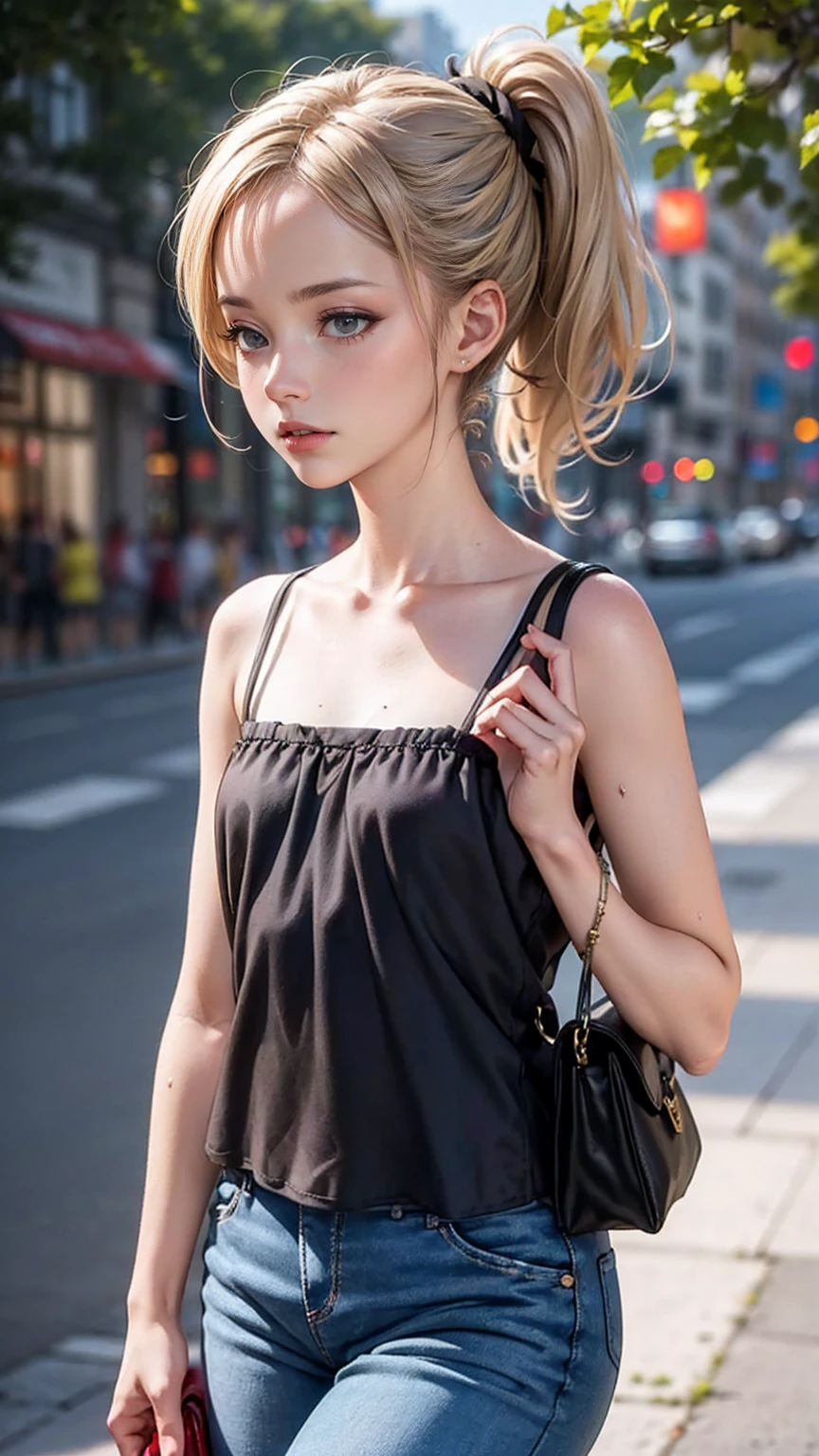 ((最high quality, 8K, masterpiece: 1.3, Ultra HD, high quality, 最high quality, High resolution, realism)) 、(high color saturation:1.0), (highly detailed skin), (最high quality:1.0), (超High resolution:1.0) ,(realistic:1.0), (Super detailed:1.0), (8K, Raw photo:1.1), slender、Slender, muscular body that's toned like an athlete's、I don't want my head to disappear from the screen.、Wear accessories on your wrist、Wearing red nail polish、I have a peticure、cinematic lighting, sparkle 、25 year old white woman、platinum blonde、long hair、blue eyes、hair above one eye、camisole dress((camisole one piece))wear、wear sandals、On the Champs Elysées in Paris、Carry a handbag over one's shoulder、front ponytail((front ponytail))