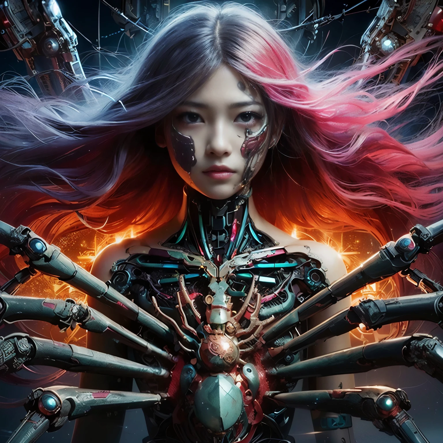 (Mechanical Girl)、(Mystical expression)、top-quality、masterpiece、ultra high resolution、(Photorealsitic:1.4)、Raw photo、glowy skin、(((Mechanical Girl)))、(mechanical Bodysuit)、(Small LED)、((ultra realistic details)) ,globalillumination、Shadow、octan render、8K、ultrasharp、Colossal tits、Raw skin exposed in the cleavage, Details of complex ornaments、Japan details、highly intricate detail、Realistic light、CG Society Trenlow Eyes、Eyes shining towards the camera、Mechanical marginal blood vessels connected to neon detail tubes)、Small LED、,Mechanical thighs、Toostock、(Hands are also made of machines.traces on the cliff),
