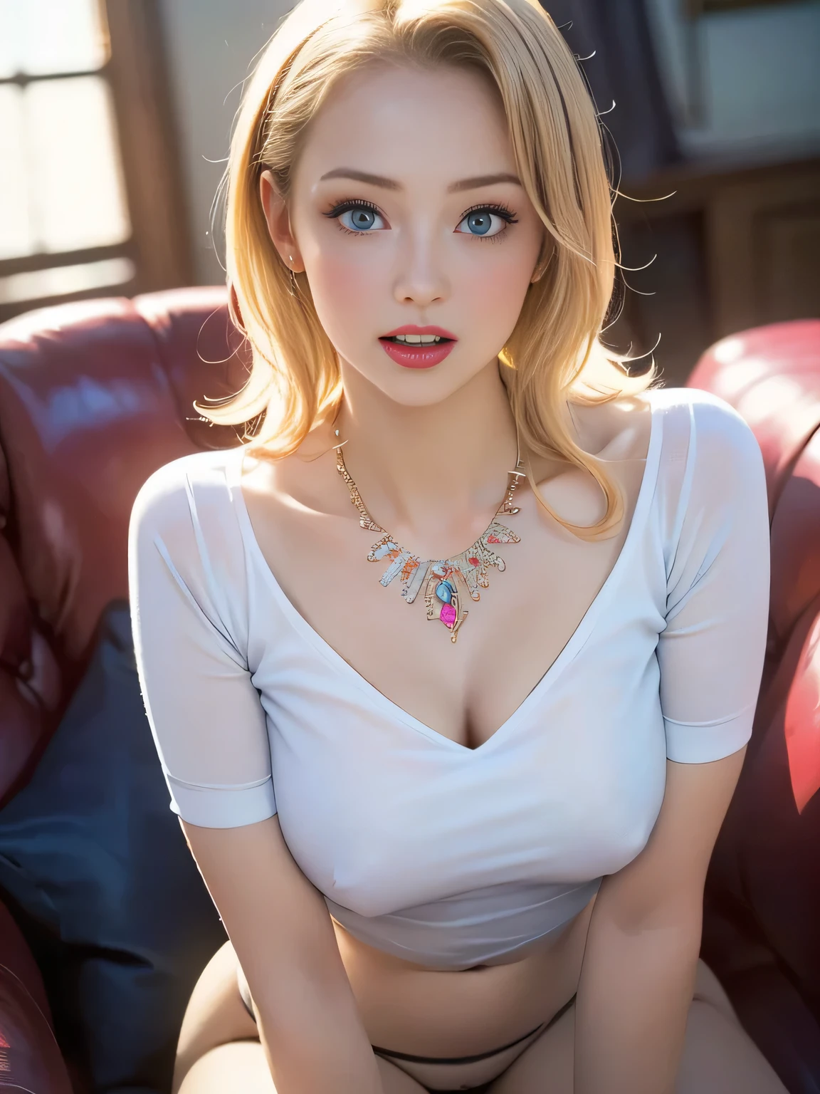 (best quality, 8k, highres, photorealistic:2.0), (solo, one girl:2.0),(pin up girl:1.5),(photo taken using flash:1.9),(brighten the subject:1.8),(Photographed in the living room:2.0),(Chubby body girl:1.5),(shiny skin:1.5),(oily skin:1.5),(blonde woman:1.8),(long hair:1.5),(ultimate beautiful girl),(cool beauty girl),(Kind hearted woman),(very kind lady),(caring woman),(attentive woman),(very elegant woman:1.3),Blush brown makeup , dark eye makeup ,pink lipstick,(big beady eyes girl:1.3),(droopy eyes woman:1.3),(blue eyes girl:1.3),(intense sex appeal),(expensive necklace:1.5),(prostitute girl),(amazing orgasm ecstasy),(She makes a sexy bold pose),(carnal women:1.5),chuuChloe,(she is very skilled in sex),(she has a very happy expression on her face:1.5),(Brightly light the subject's face),(very tight shirt),(sheer shirt),(very soft breasts),(Nipples erect inside clothes),(Mini thong:1.3),(nice hips),(squat down and open legs),