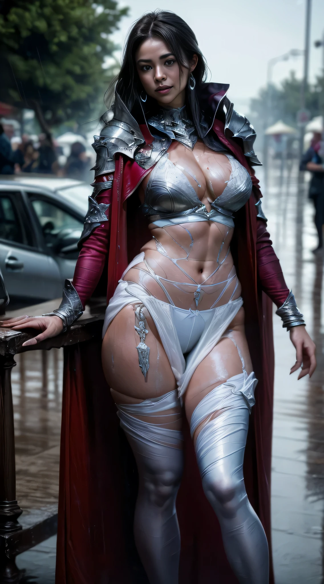 (Best quality, 4k, Masterpiece: 1.3), (Photorealistic: 1.2), Sharp focus, One girl, Cowboy shot, (Front facing), Beautiful woman, Beautiful face, Detailed and perfect face, Ultra realistic, Stormy A female warrior standing on the middle cliff, (big breasts, attractive body: 1.2), abs, bewitching, sexy, erotic, perfect proportions, huge breasts, thin waist, navel, big butt, gap between the legs, Thighs, dark brown hair, (wet in the rain), (wet in the rain), (wet body: 1.2), detailed lips, detailed eyes, double eyelids, wearing sensual armor, open chest Cleavage, sexy string panties, saggy breasts, visible curves, on top of a cliff on a cape, storm, pouring rain, rainstorm, gusts of wind, wet body, (depth field: 1.3), (((blur))),