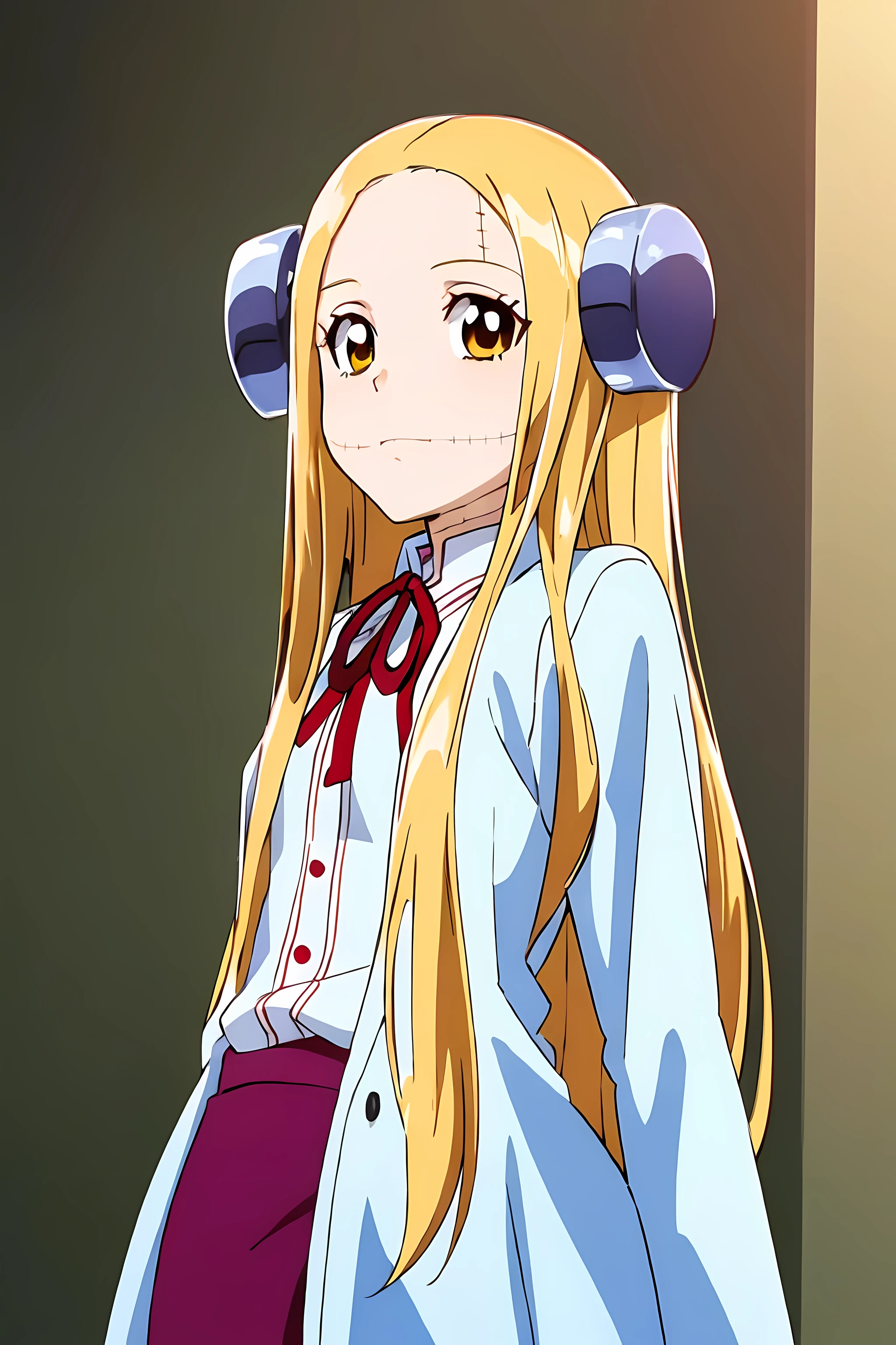 (highest quality:1.3),(ultra-become familiar with:1.5),High resolution,extremely become familiar with CG,unity 8k wallpaper,official art,become familiar with,super become familiar with skin,perfect anatomy,beautiful become familiar with eyes,(anime screenshot:1.11),very delicate and beautiful,(90s anime,90s anime style,cel shaded anime:1.17),1 girl,anmnr, 
((madaraki_fran:1.52)),Light blonde long hair,brown eyes,((((wearing a white coat)))),stitch,body scars,Creepy look,closed mouth smile,Drooping eyes,