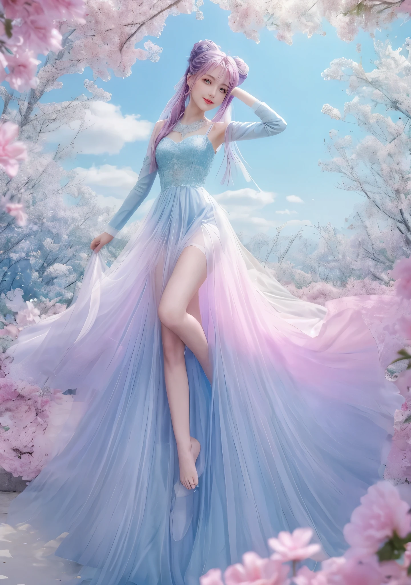 1fille，seule personne，les pieds dans le ciel，ciel bleu，miroirs，dans le style du rose clair et de l&#39;azur clair，ethereal foliage，arrangements ludiques，fantaisiste，High contrast，Fond d&#39;8k screen，photorealistic，rendu par octane，hyper realistic，bosse dans la peau，visage photorealistic，mise au point nette，chef-d&#39;artwork，best quality，mirror lighting，light in front，visage pointu，cheveux longs et blancaquillage léger，sourire，adorable，after fingering，Tulle long，vent，Chignon，Couvrez vos jambes。