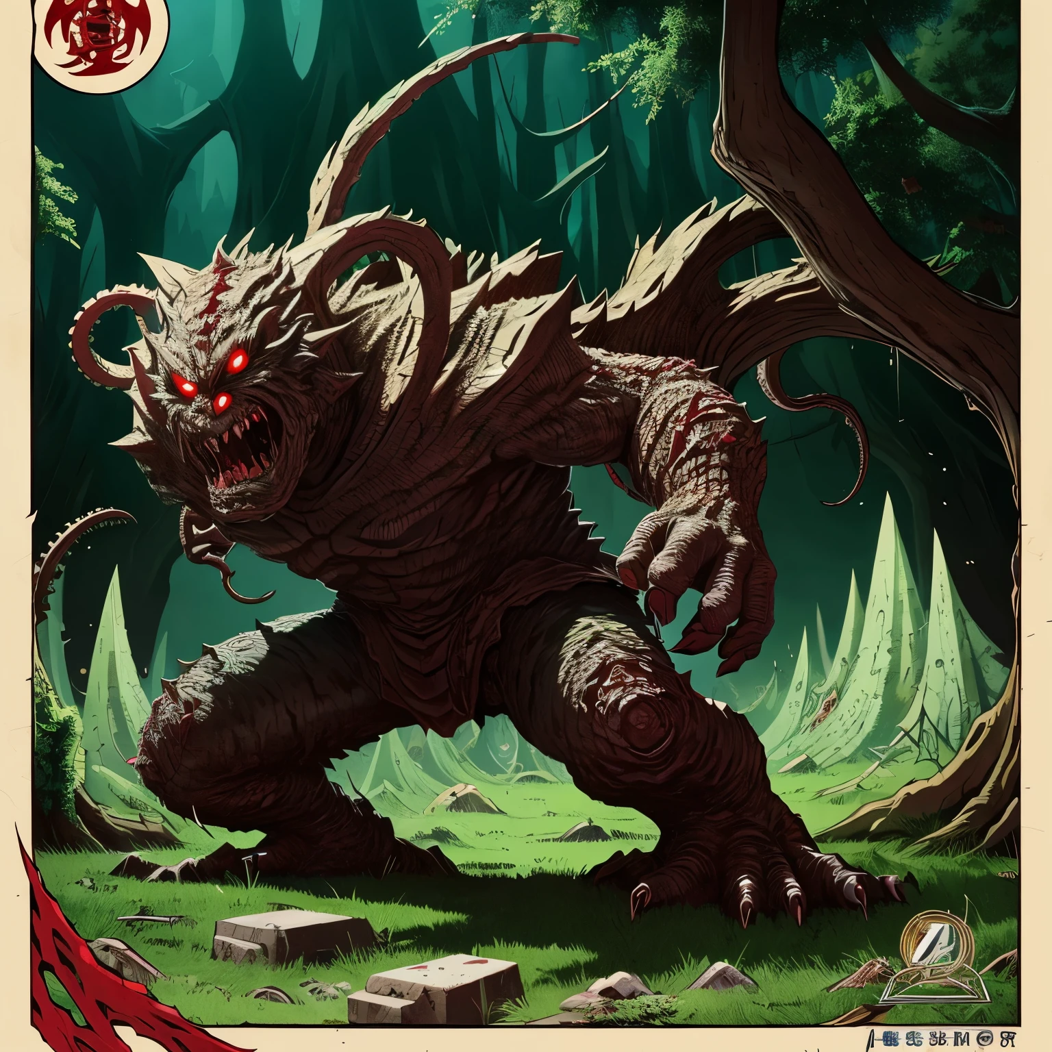 monster,tentacle,scale,bat wings,Bulk,monster,evil God,eyeball,magic book,cane,red eyes,bark,Blood vessel,quadrupedal walking,to be born々new,evil,core,Lots of mouths,teeth,sharp nails, Negative aura,spine,Tree roots,wood monster,Trees are growing,