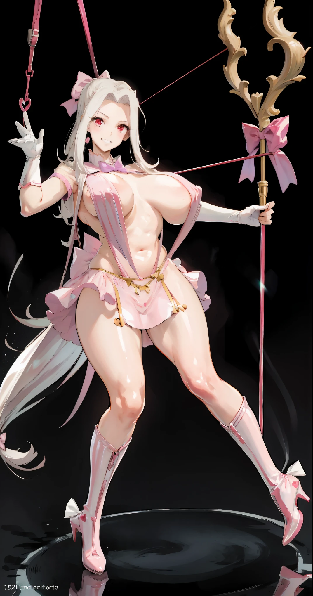 1girl,(Irisviel von Einzbern),mature female,red eyes,solo,bangs,(gigantic_breasts:1.4),(hanging breasts:1.6),(thick thighs),(magical_girl),white gloves,pink footwear,high heels,pink boots,pink bow,blue bow,bow,brooch,dress,standing,earrings,frilled dress,frills,gloves,hair bow,heart,jewelry,grin,holding staff,