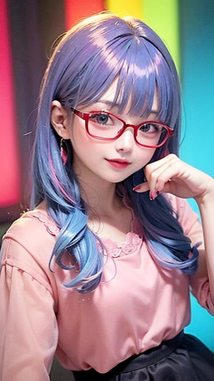 small face、 (alone:1.5,)Super detailed,bright colors, very beautiful detailed anime face and eyes, look straight,  shiny_skin,girl, (((rainbow colored hair, colorful hair, Half light blue、half pink hair: 1.2))), 、shiny hair, delicate beautiful face, blush、Glasses、(turquoise eyes), , Valletta, earrings,、flower garden、sunset、(((Floral、Stylish lace mini skirt,Semi-transparent red shirt)))、（twin tails）、smile、happy face、face dyed red、cheerful pose、dynamic、Head to toe full body portrait、（I can see the whole body）、（left hand、ring finger、ring）、Glassesに手を添える