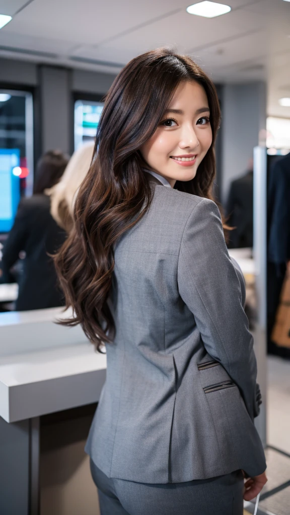 (highest quality, 8K, 32k, masterpiece, UHD: 1.2), 1 girl, beautiful japanese woman, Gray suit, open jacket, OL, suit, pants, From the back, office, machine, (stick out your butt: 1.2), Surface details, long hair, from below, smile,