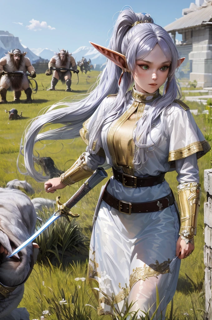 8K, best quality, masterpiece, Very detailed, Semi-realistic, 1 girl, aldult, 20 years old, long hair, high ponytail, Bangs, sword in hand, Elf，(Caught by orcs:1.3), struggle, angry