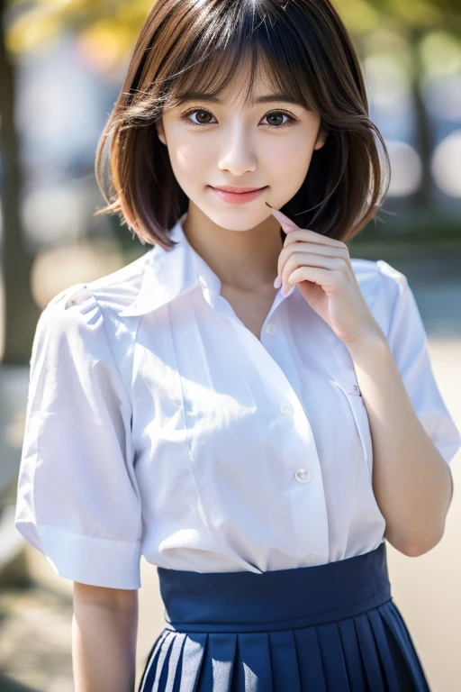 RAW Photos, highest quality, Realistic, Cute Japanese Girl, 女の子1 person, (Very slim and slender fit muscular body:1.3), ((View Viewer)),(Big smile:1.3), (No people in the background:1.3), Beautiful earrings, Front shot, (Big eyes), (whole bodyショット), Small breasts, ((Backtrack, Buckshot)), Upper Shot,（masterpiece）、Healthy thighs、(Narrow waist)、Big Ass、（Beautiful legs）、((Perfectly detailed five-fingered hands)),（Anatomically correct body）、((1 female:1.4))、Japanese、Asian、Realistic Skin、（Small chest：1.4）、Bust size is C cup、Pretty woman with perfect figure:1.4,(from the front:1.5), (Skin Textureの美しさを高める:1.1), (Beautiful fine details), (Detailed face),Beautiful realistic face,No makeup、美しいBlack Hair、The best smile、Natural color lip、(Small Mouth:1.2)、(Oval Face)、Even bangs、Hide eyebrows with bangs、((29-year-old woman))、Bob Hair、Hair blowing in the wind, (Black Hair, Iris, Watery eyes, Shining Eyes, Bob cut hair, Small earrings,), Hair behind the ear、No makeup、(Drooping eyes)、Drooping eye corners、女の子1 person, Cute Smile.whole body、(((1 personの素敵な女性)),((優しいBig smile)),(( Small breasts,Small breastsの谷間)),((((Plump Cheeks)))),((whole body：1.５))、(Narrow waist、Slender Body)、Sexy and cute look and cute 29-year-old, Hair blowing in the wind,C-cup breasts with firmness、Even bangs:1.4、whole bodyショット、,(((Beautiful woman boasting toned hips and muscular buttocks))),((( Shapely big ass))),(A toned waist is best:1.4),(((Attractive woman wearing a white collared shirt and tight skirt in the city,1 person、A young and cute gravure idol,A young and slender gravure idol, Young Sensual Gravure Idol,:1.3))),,Dress shirt, Beautiful, smooth skin, Skin Texture, Floating Hair,Professional Lighting,