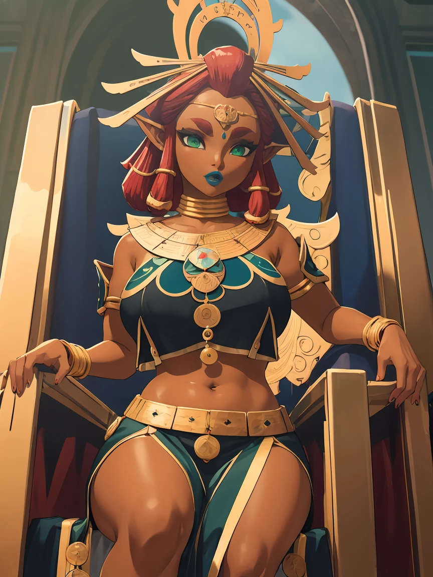 Big breasts, green eyes, dark blue lips, sitting on a throne, Riju