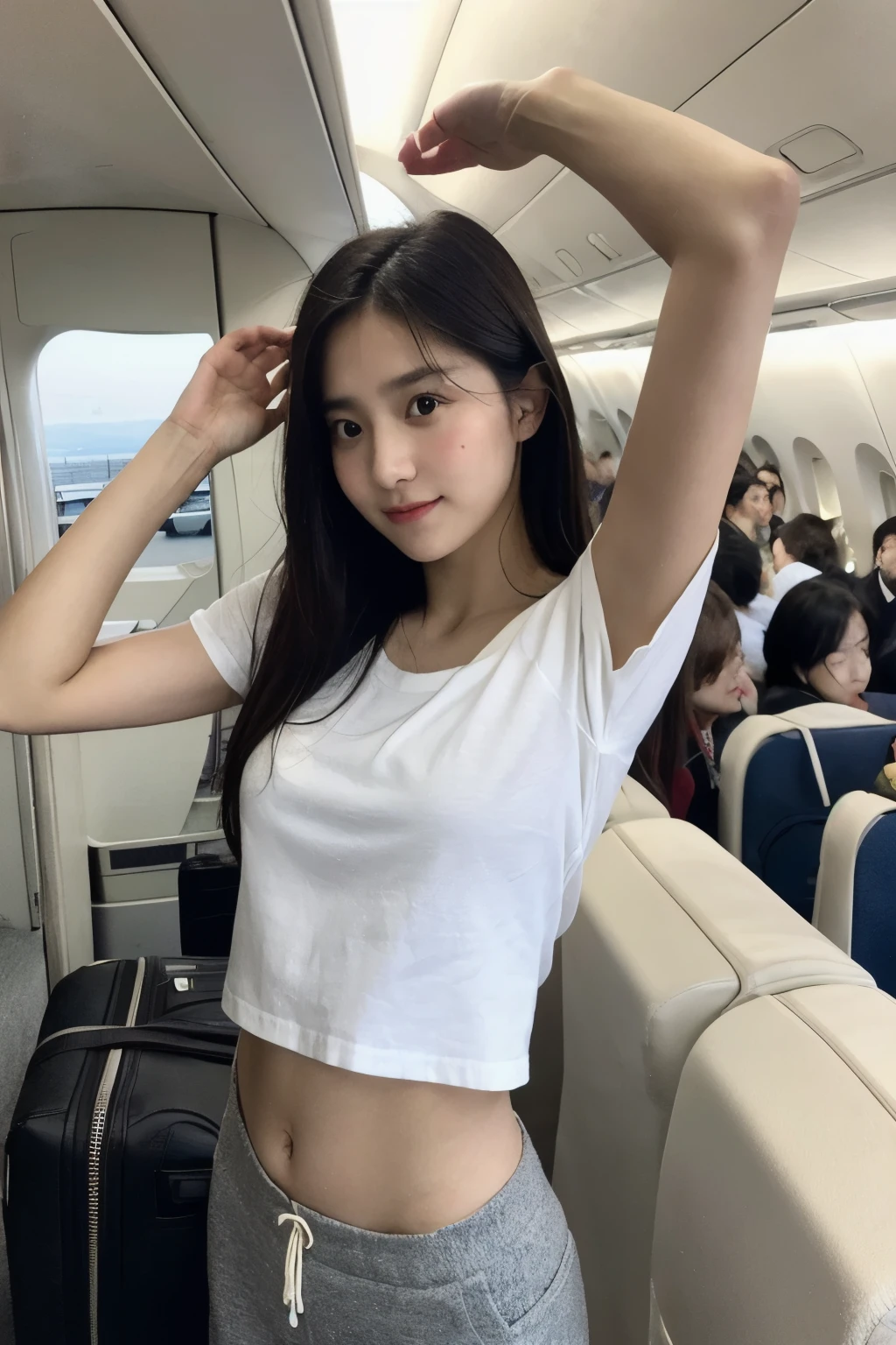 ((best quality)), ((masterpiece)), (detailed), perfect face, Airplane cabin, open shelf, shirt, navel, side view, Hurrah Pose, baggy clothes, take out luggage, raise both arms, side view, closely