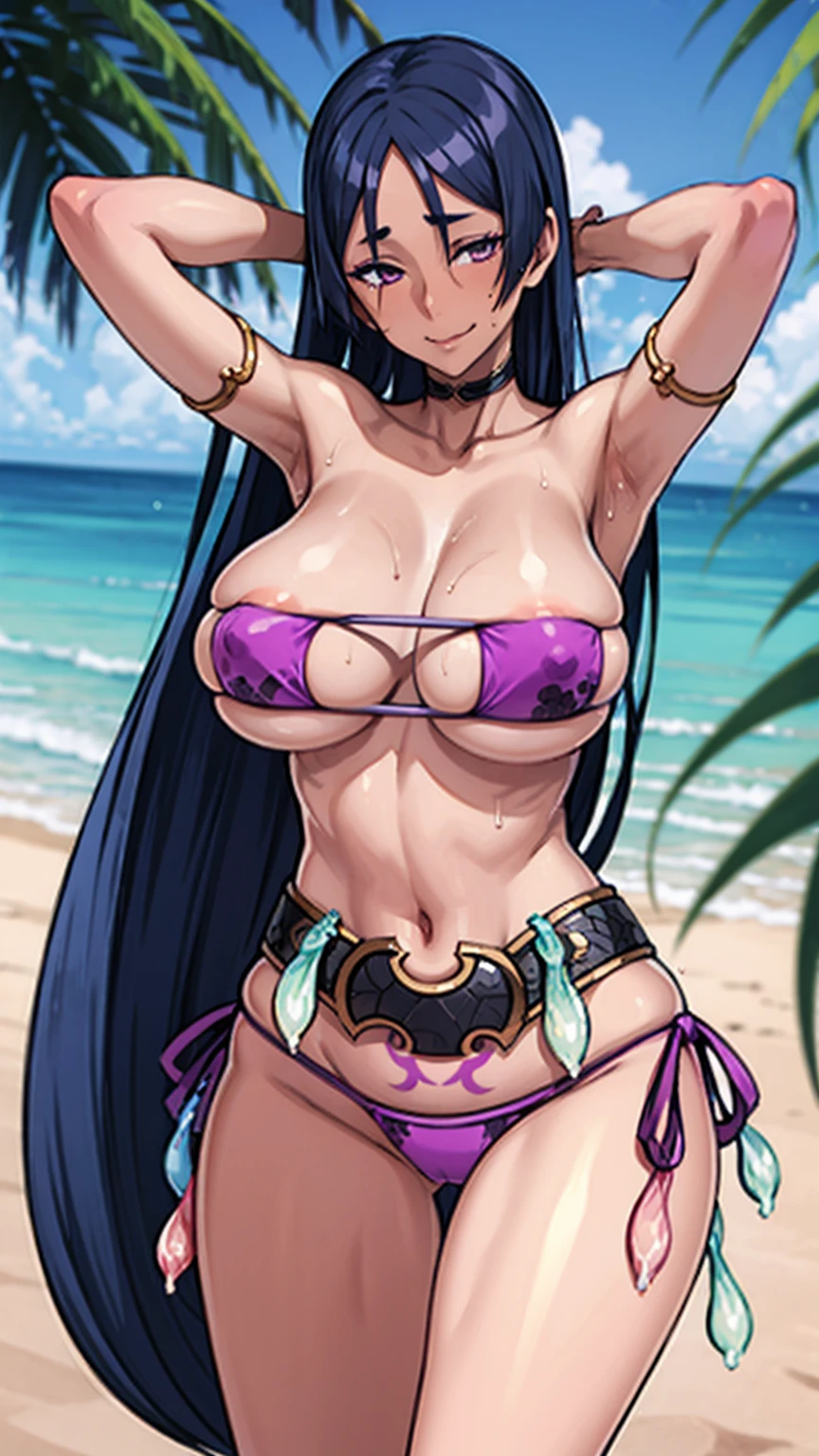 masterpiece, hmmr1, minamoto no raikou (fate), (eyepatch_bikini:1.3), purple bikini, erect_nipples, armlet, choker, collarbone, bare shoulders, ribbon, beach, cowboy shot, smirk, huge breasts, (dark-skinned female), (dark-skinned:1.8), (inner pink hair), glowing eyes, lipstick, makeup, pose, plam tree, (pink pubic_tattoo), spread legs, cleft of venus, (condom belt:1.6), (condom:1.4), (armpits), (arms behind head)