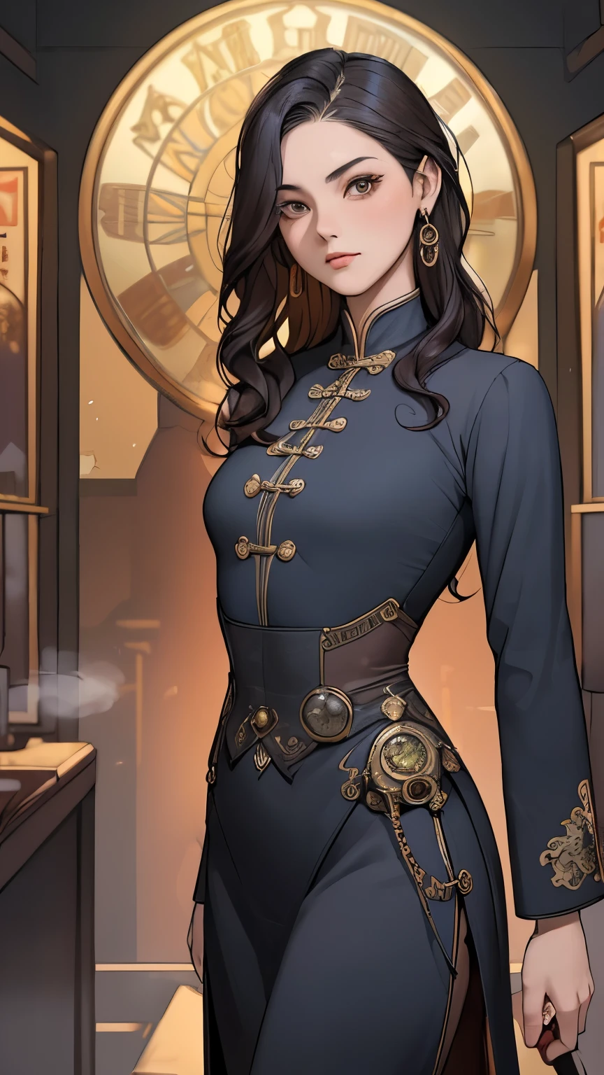 (masterpiece:1.3), (disorganized:1.3), (highest quality:1.3),(perfect anatomy),detailed face,Steam punk, Victorian era,retro future,Hong kong,Kowloon,horizontal angle,hands,(looking at viewer), (Super detailed:1.3),(best shadow:0.7), solo,1 middle age woman around 50 years old,saggy small breast,(treated hair), long hair,curly hair,fine eyes, beautiful eyes, 1 mature woman, ((small breast)),Ao dai,alone, standing, crystal earrings,closed_mouth, arm_behind_return, rest outdoors, intimidating pose,cowboy shot