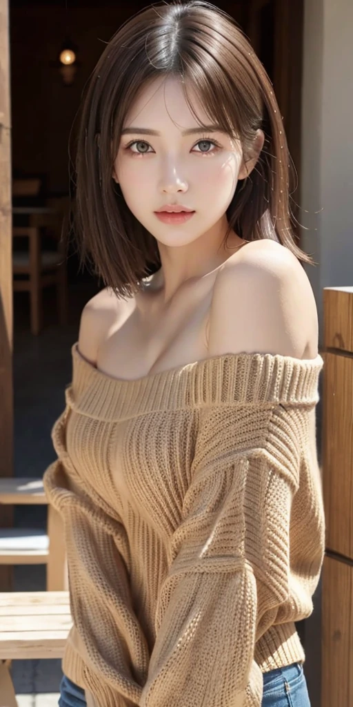 Photoreal、Masseter muscle part、highest quality、High resolution、RAW photo、realistic、bright lighting、face light、smooth professional lighting、solo、japanese woman、Half beauty、adult woman、Beautiful woman、modeled、super beautiful、realistic skin、realistic face、beautiful eyes、brown eyes、Inconspicuous tear bags、slim、medium big breasts、short hair、brunette colored hair、looking at camera、looks fun、cool beauty、camel toe、knitwear、off shoulder、underboof、