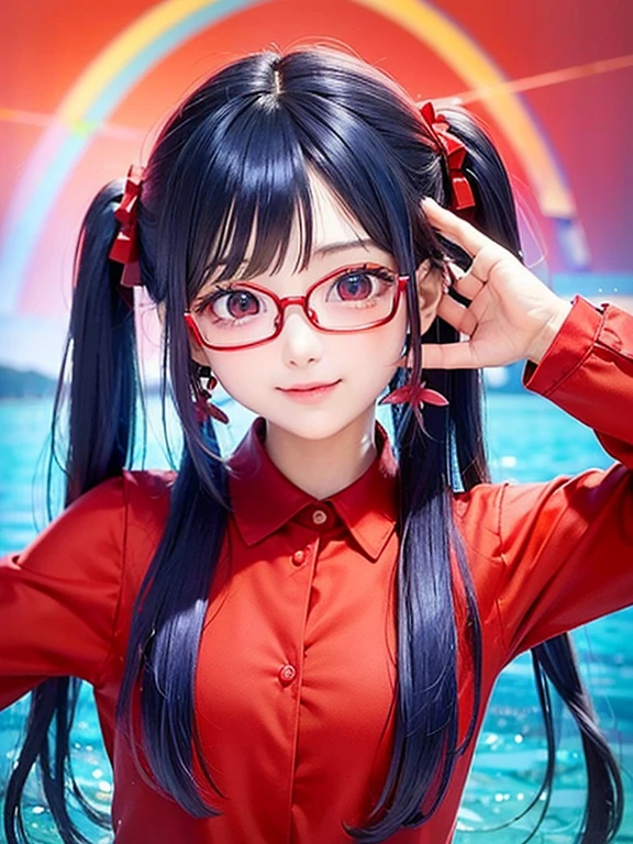 background is sky、small face、 (alone:1.5,)Super detailed,bright colors, very beautiful detailed anime face and eyes, look straight, shiny_skin,girl, (((rainbow colored hair, colorful hair, Half blue、半分はredの髪: 1.2))), 、shiny hair, delicate beautiful face, red面、Glasses、(turquoise eyes), , Valletta, earrings,、flower garden、sunset、(((red、Translucent shirt)))、(twin tails)、(smile、happy face、顔をredく染めた顔)、cheerful pose、dynamic、Upper body