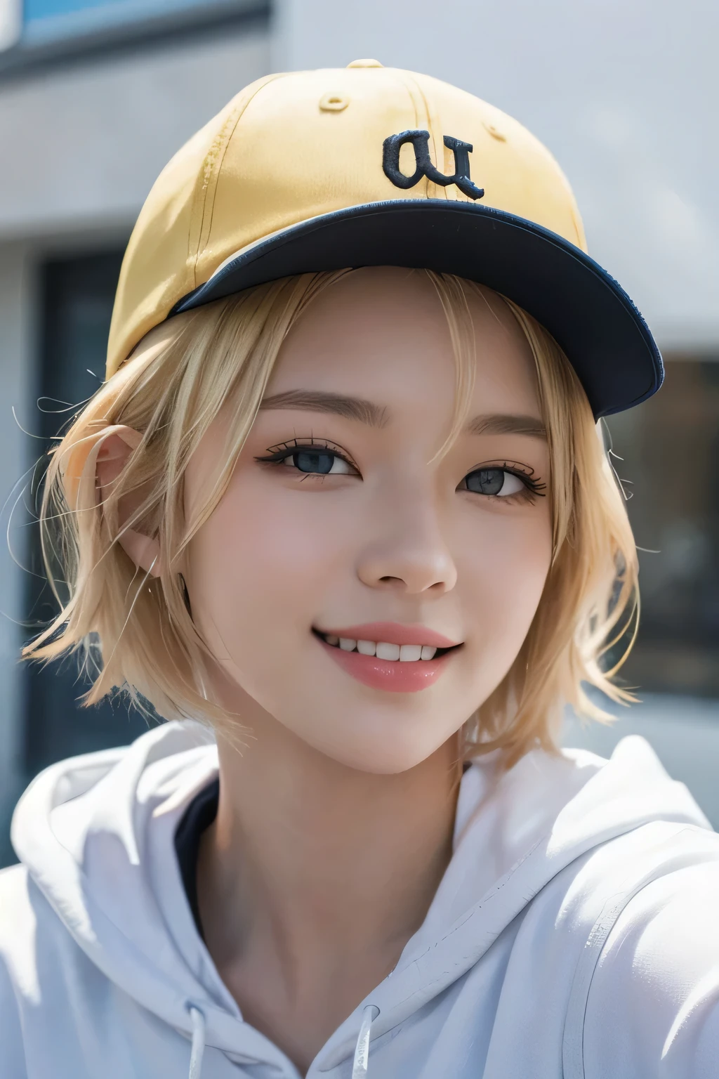 (masterpiece:1.3), (8K, realistic, Raw photo, highest quality: 1.4), (1 girl), beautiful face, (realistic face), (blonde, short hair:1.3), beautiful hairstyle, realistic eyes, detailed and beautiful eyes, (realistic skin), beautiful skin,  disorganized, Charm, ultra high resolution, surreal, very detailed, golden ratio、cap、(baseball cap)、hoodie,smile、In town,A cheerful smile