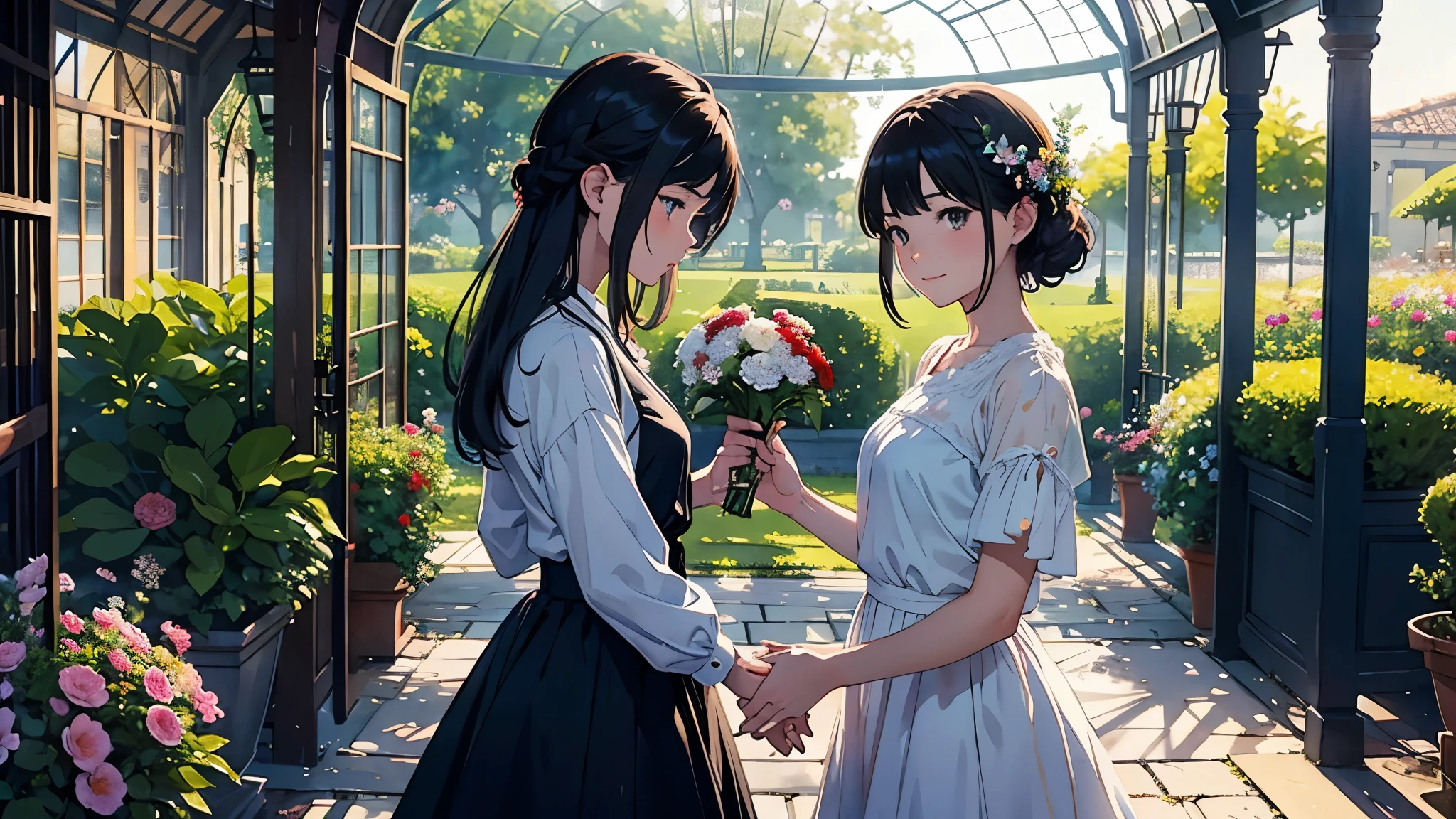 (highest quality、masterpiece、High resolution)、(Sargent style watercolor)、(anime art)、(two women)、18-year-old、They are chatting happily、Holding a potted flower、gentle smile、medium short hair、black hair、braided hair、White blouse and long skirt、cinematic light、soft light、A botanical garden in a giant glass dome、squirt、gazebo、(lots of flowers)、A garden with dancing petals、butterfly々is flying、blur the background、