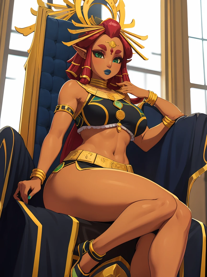 Big breasts, green eyes, dark blue lips, sitting on a throne, sexy legs, Riju