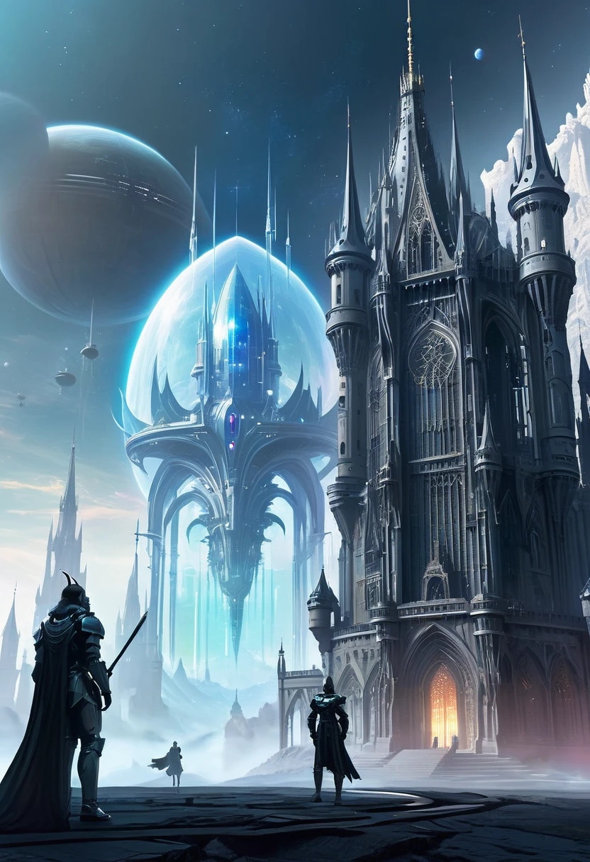 Translucent ethereal alien warrior,In the background is a huge high-tech mobile Gothic castle，A space station,Medieval style building